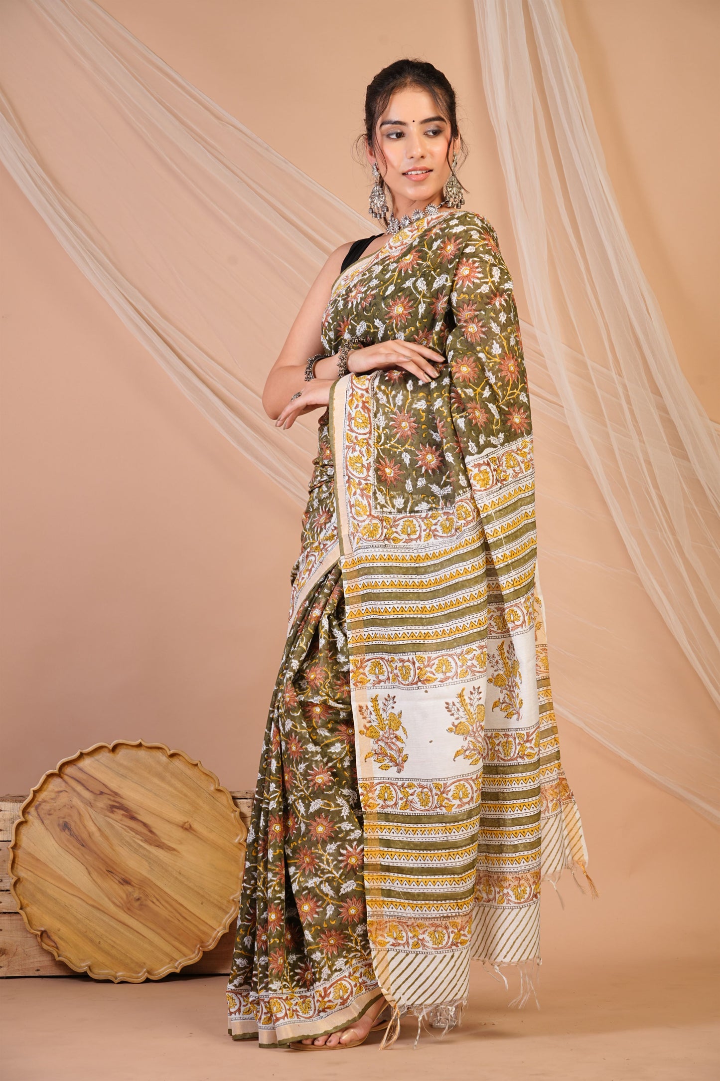 Anuttara Bhagalpuri Olive Green Cotton Silk Floral Saree with Unstitched Blouse_AFS1462-FS