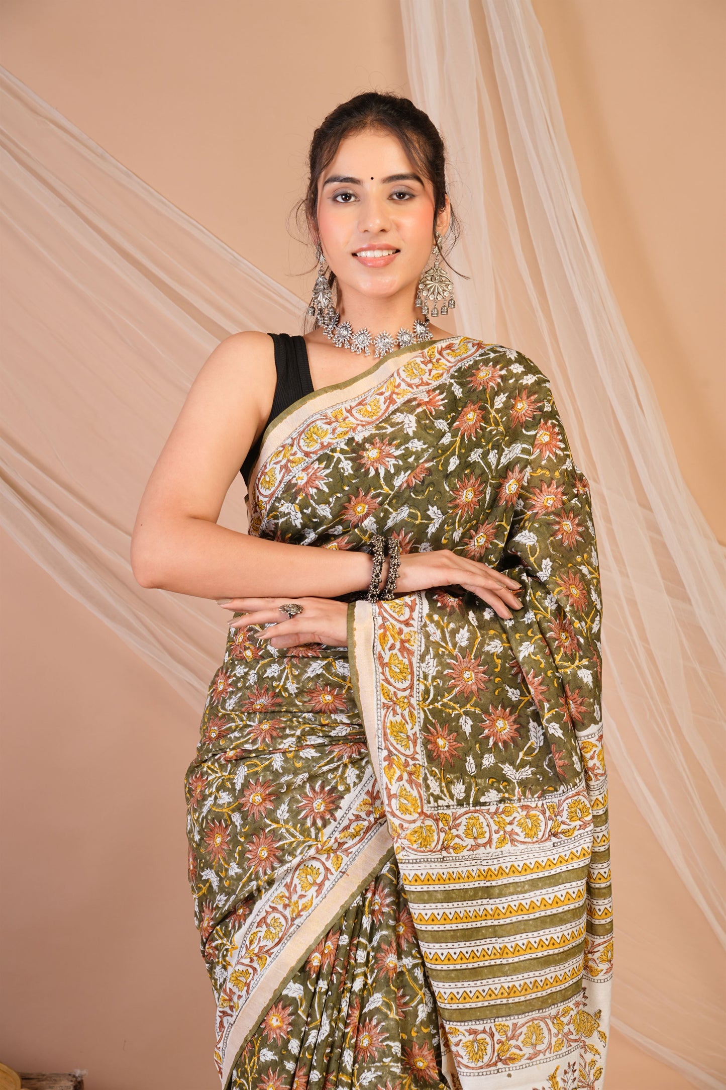 Anuttara Bhagalpuri Olive Green Cotton Silk Floral Saree with Unstitched Blouse_AFS1462-FS
