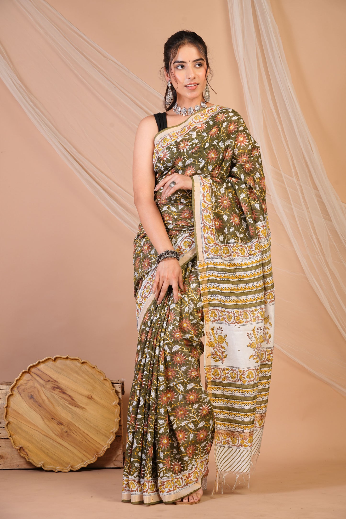 Anuttara Bhagalpuri Olive Green Cotton Silk Floral Saree with Unstitched Blouse_AFS1462-FS