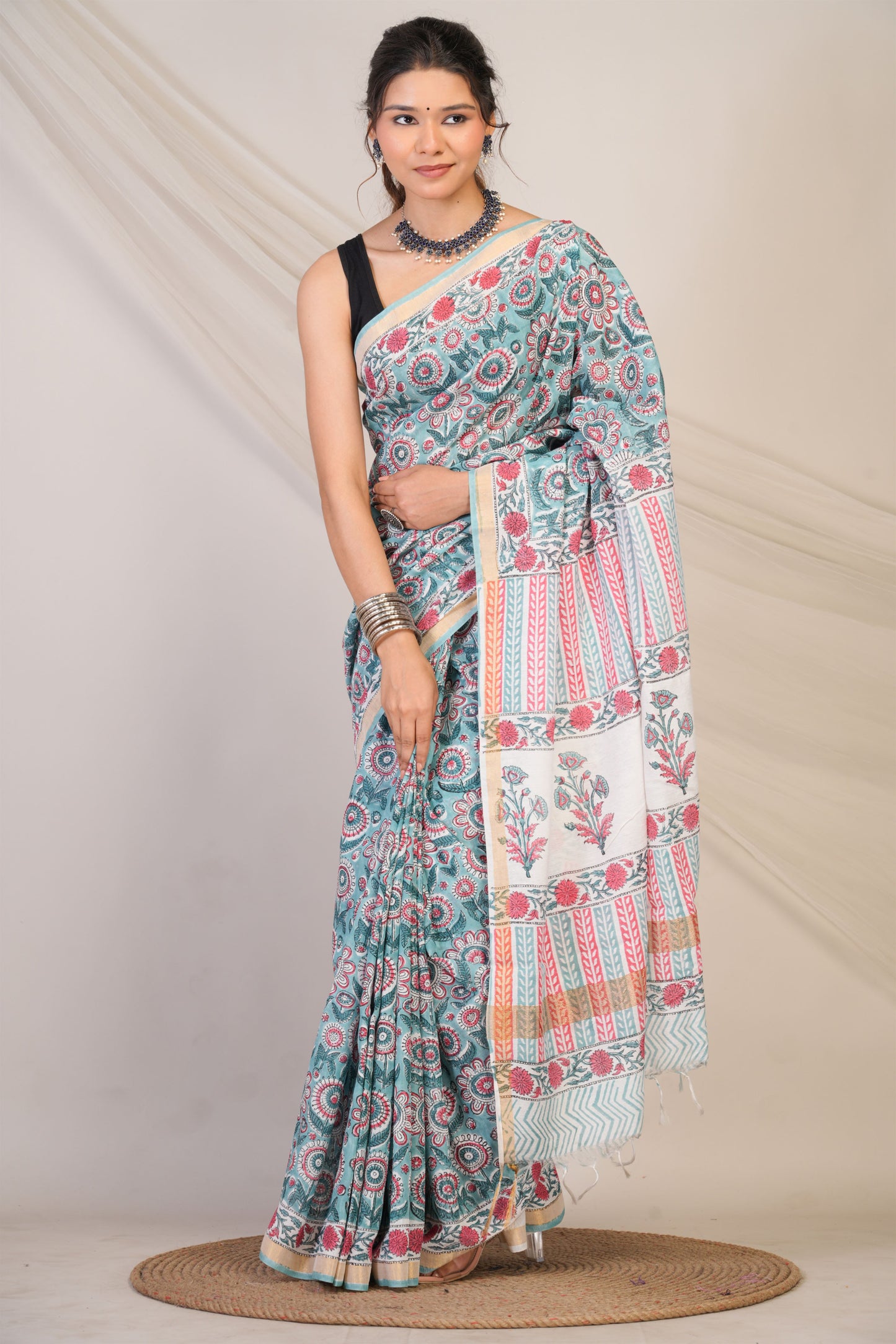 Anuttara Bhagalpuri Turquoise Cotton Silk Floral Saree with Unstitched Blouse_AFS1463-FS