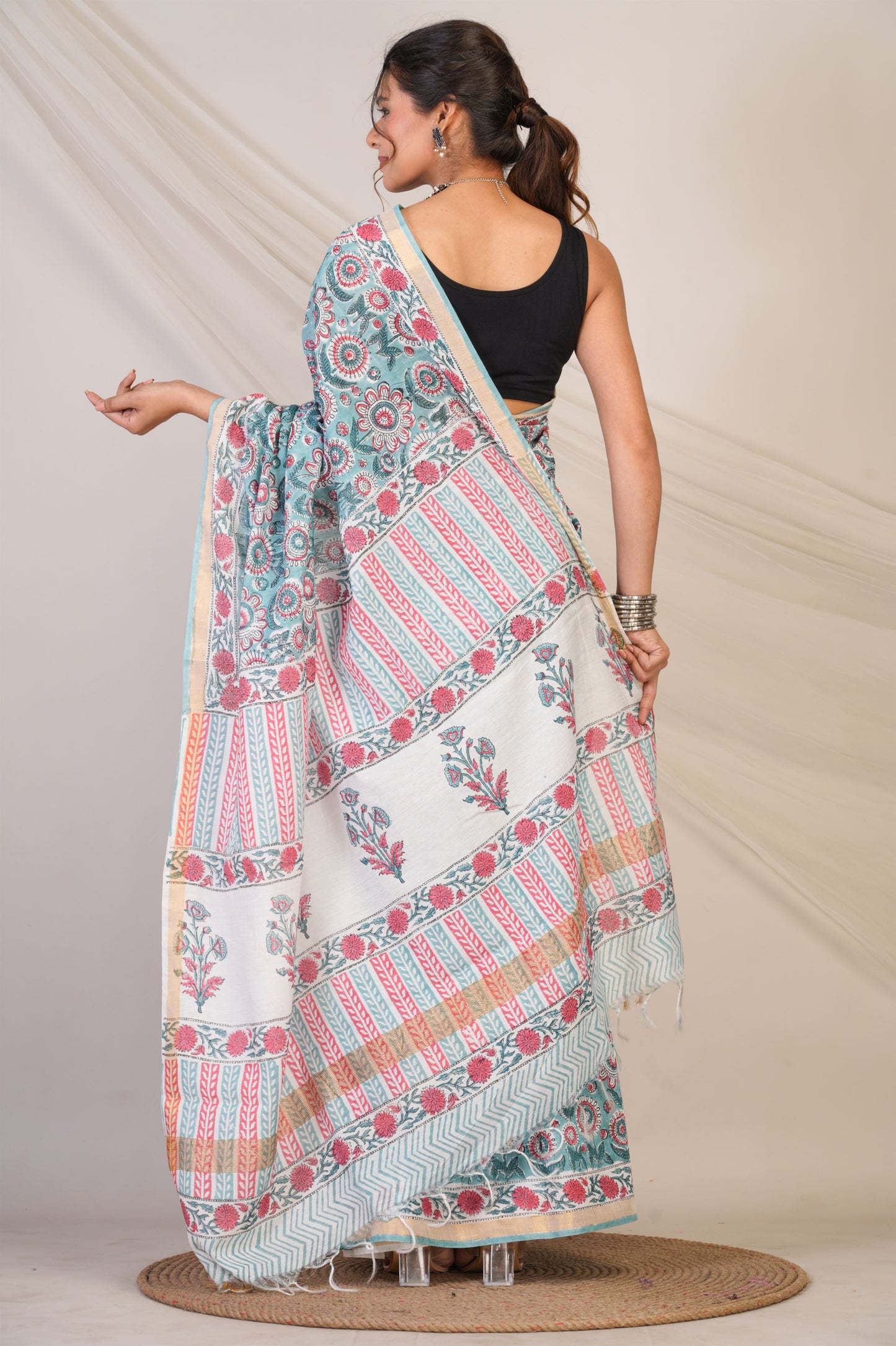 Anuttara Bhagalpuri Turquoise Cotton Silk Floral Saree with Unstitched Blouse_AFS1463-FS