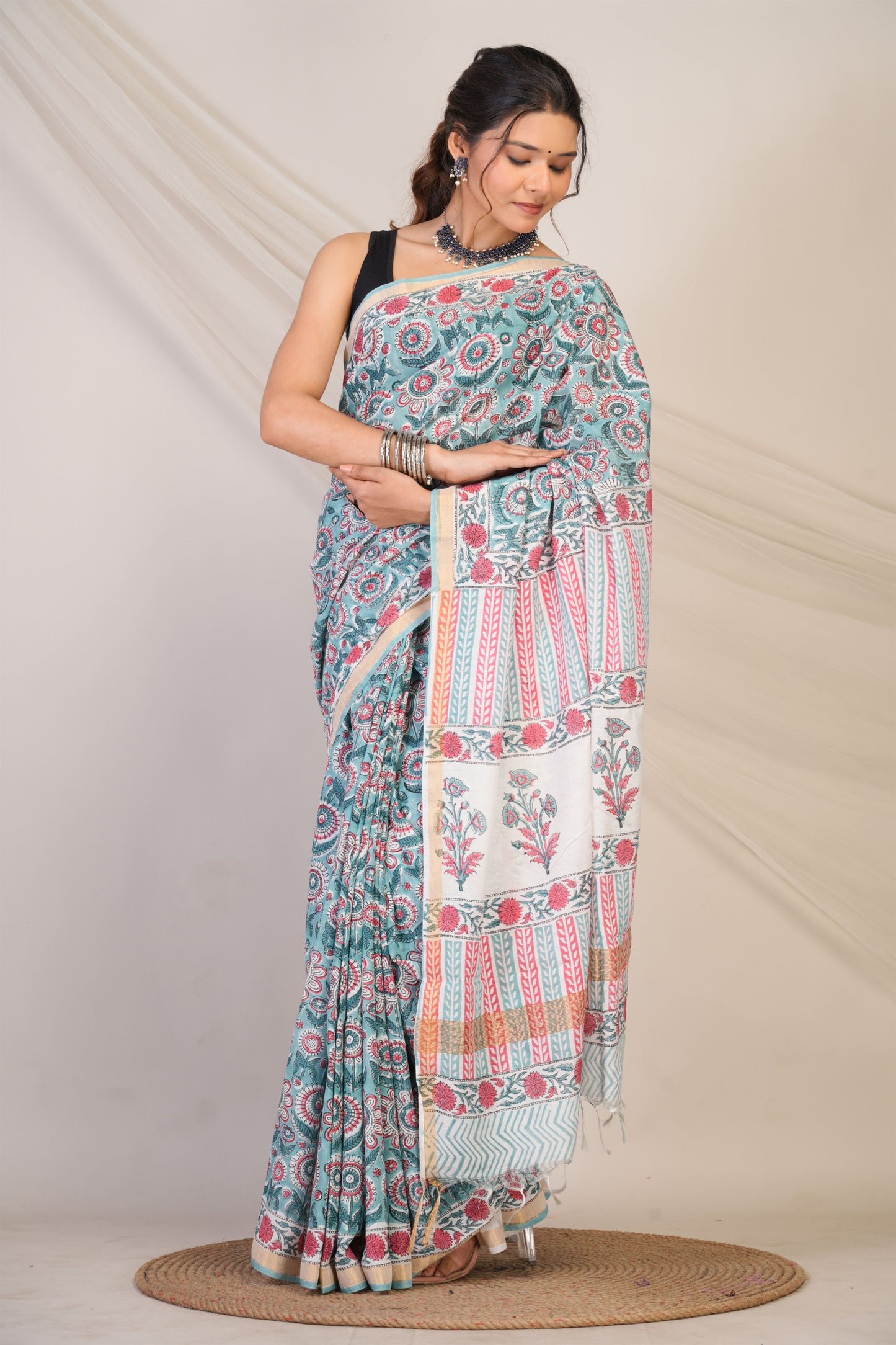 Anuttara Bhagalpuri Turquoise Cotton Silk Floral Saree with Unstitched Blouse_AFS1463-FS