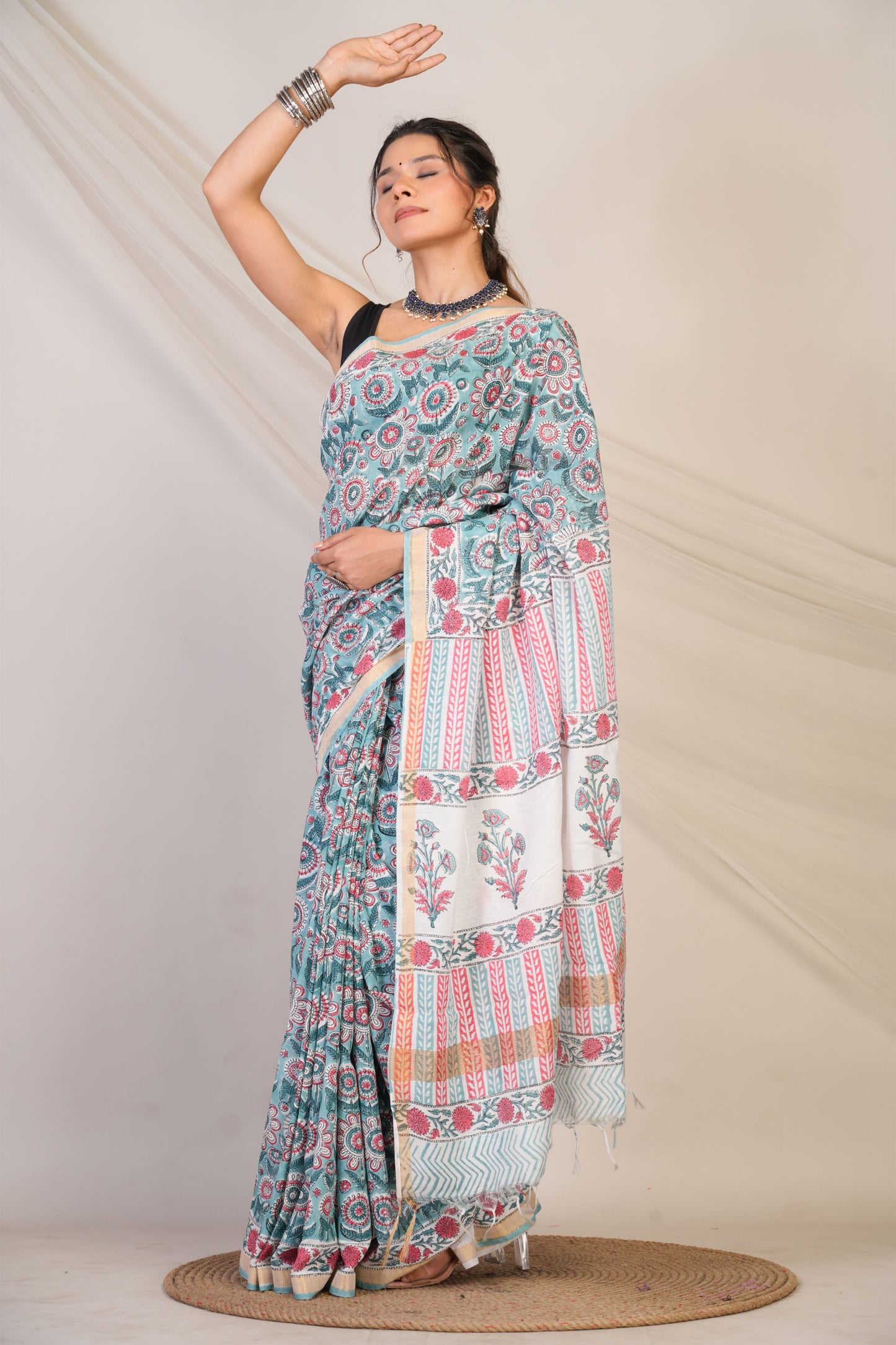 Anuttara Bhagalpuri Turquoise Cotton Silk Floral Saree with Unstitched Blouse_AFS1463-FS