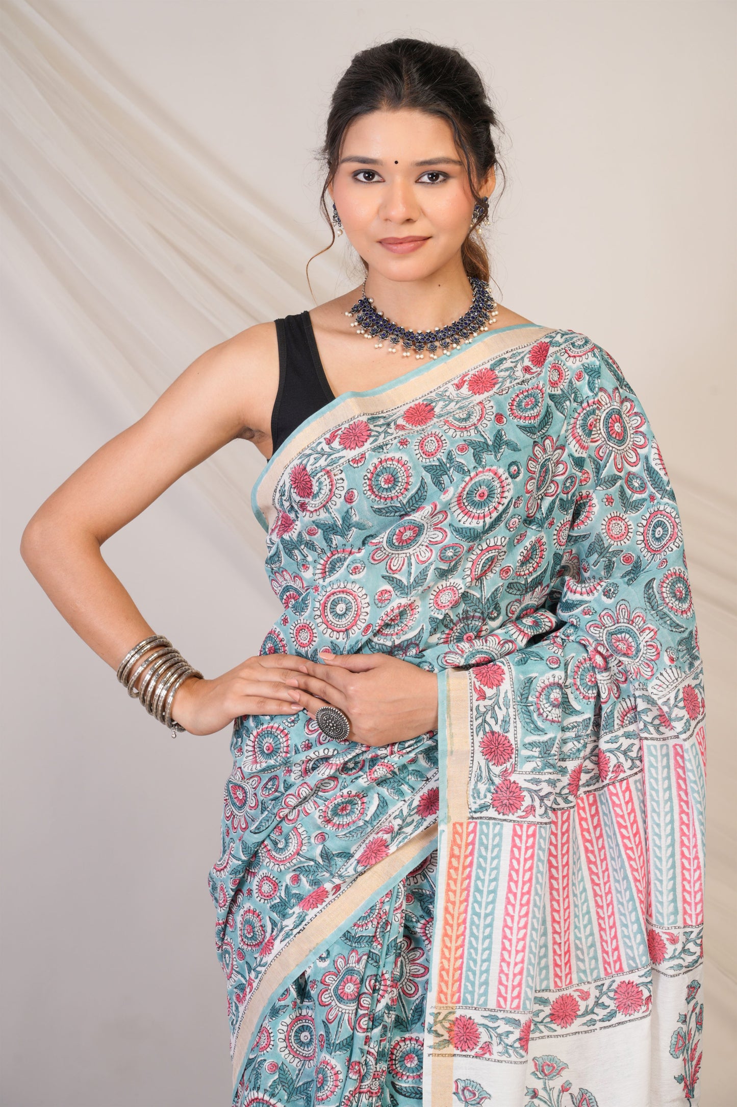 Anuttara Bhagalpuri Turquoise Cotton Silk Floral Saree with Unstitched Blouse_AFS1463-FS