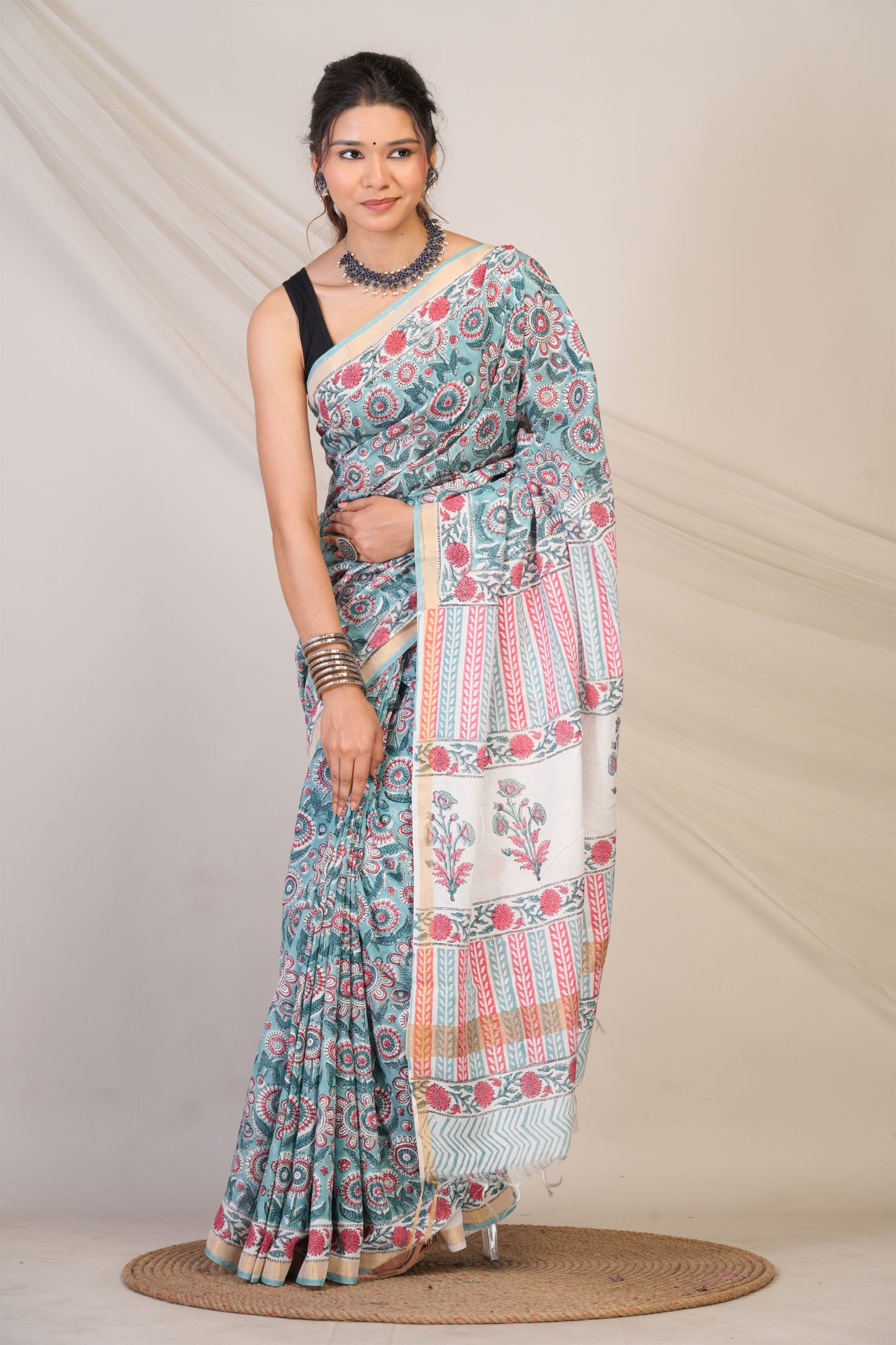 Anuttara Bhagalpuri Turquoise Cotton Silk Floral Saree with Unstitched Blouse_AFS1463-FS