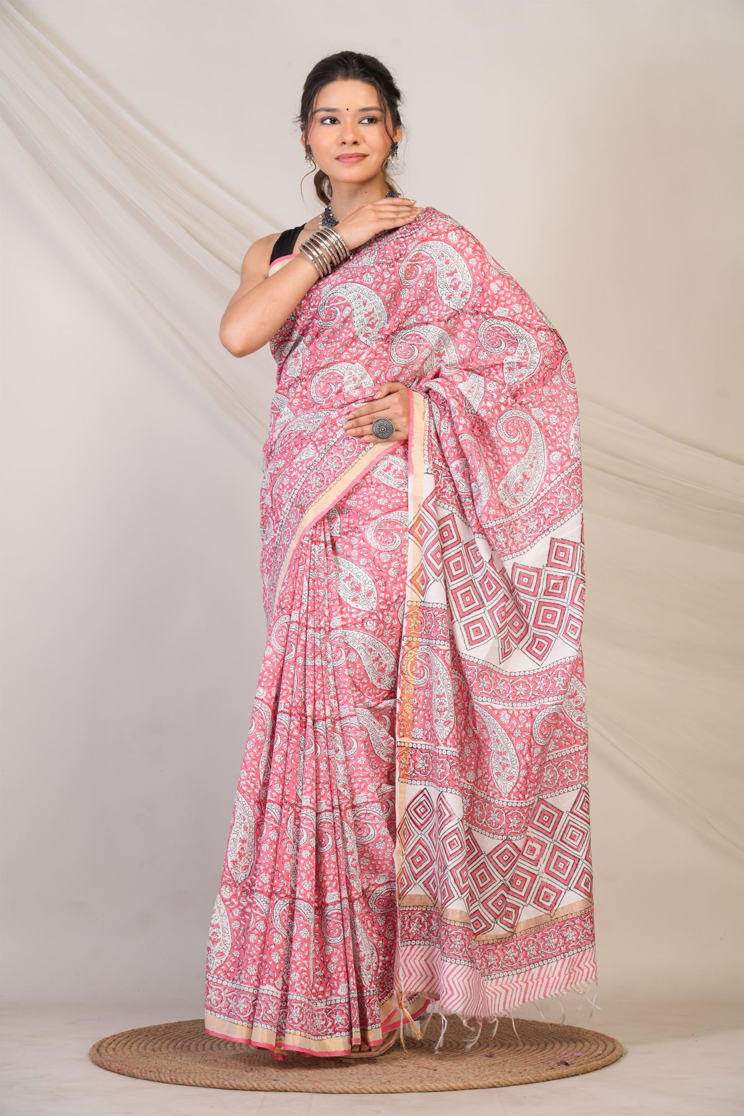 Anuttara Bhagalpuri Pink Cotton Silk Paisley, Floral Saree with Unstitched Blouse_AFS1464-FS