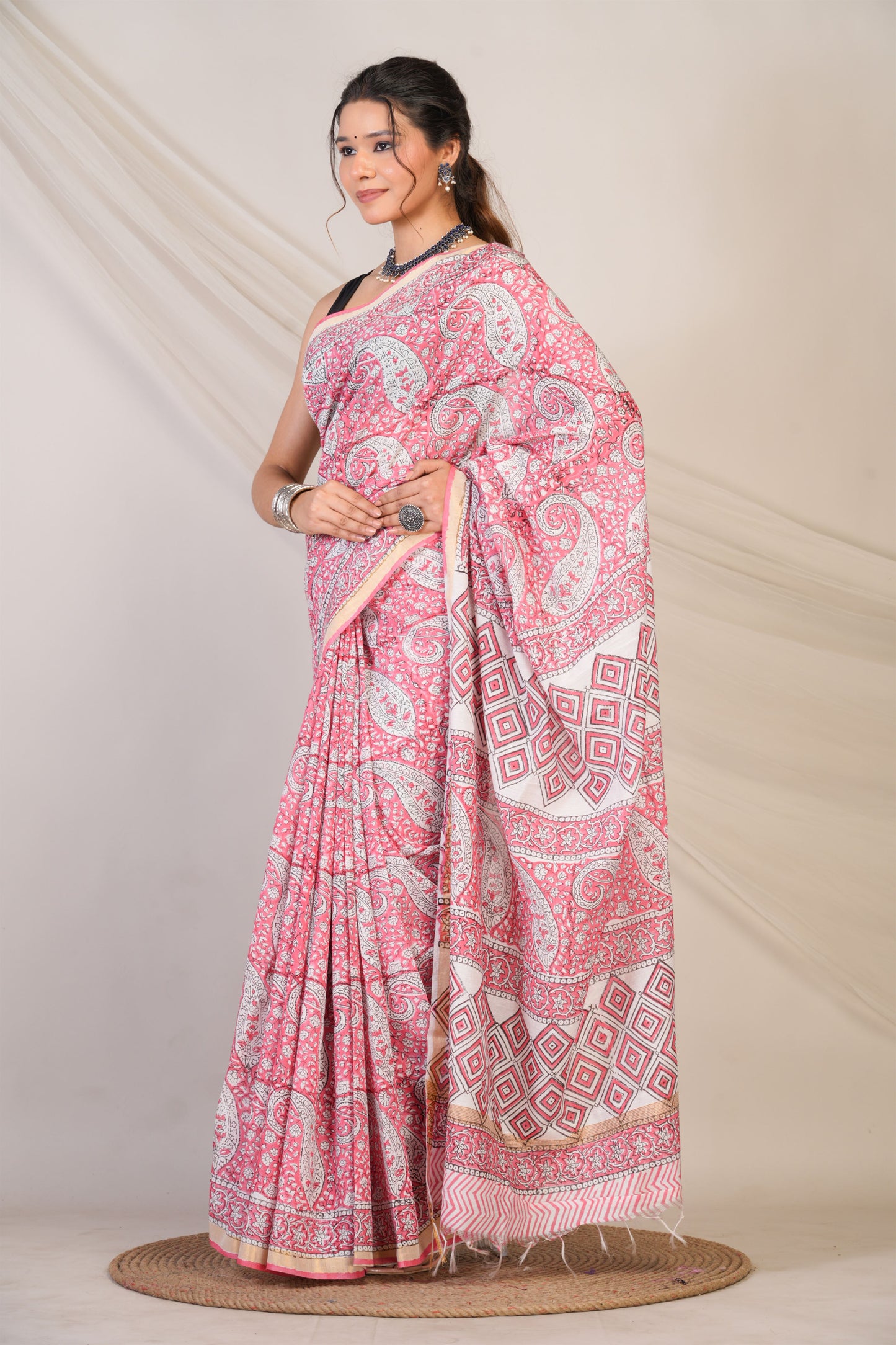 Anuttara Bhagalpuri Pink Cotton Silk Paisley, Floral Saree with Unstitched Blouse_AFS1464-FS