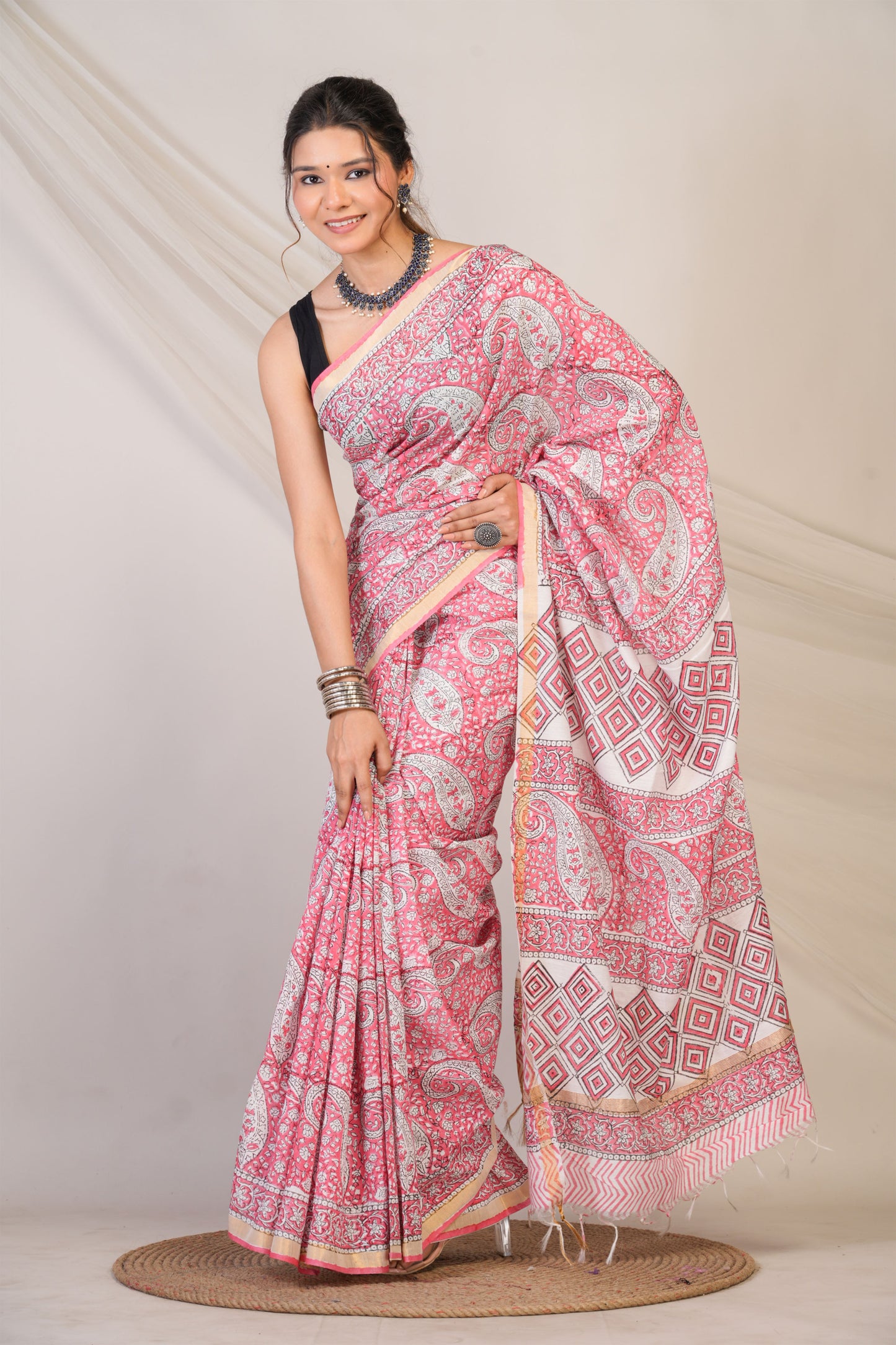 Anuttara Bhagalpuri Pink Cotton Silk Paisley, Floral Saree with Unstitched Blouse_AFS1464-FS