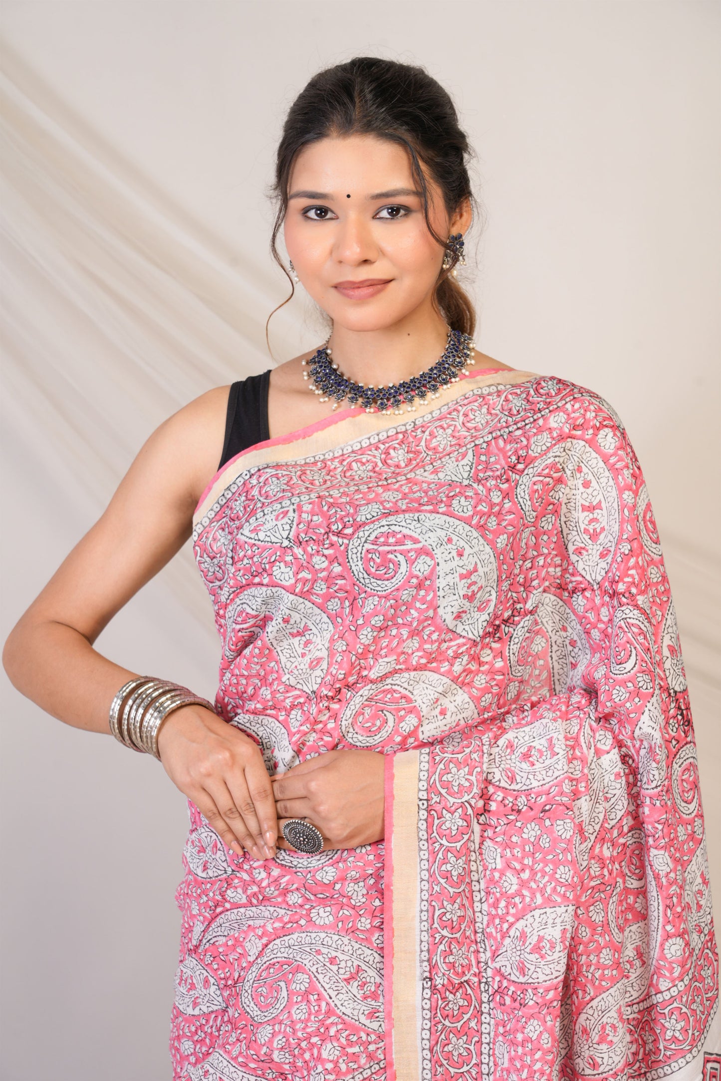 Anuttara Bhagalpuri Pink Cotton Silk Paisley, Floral Saree with Unstitched Blouse_AFS1464-FS