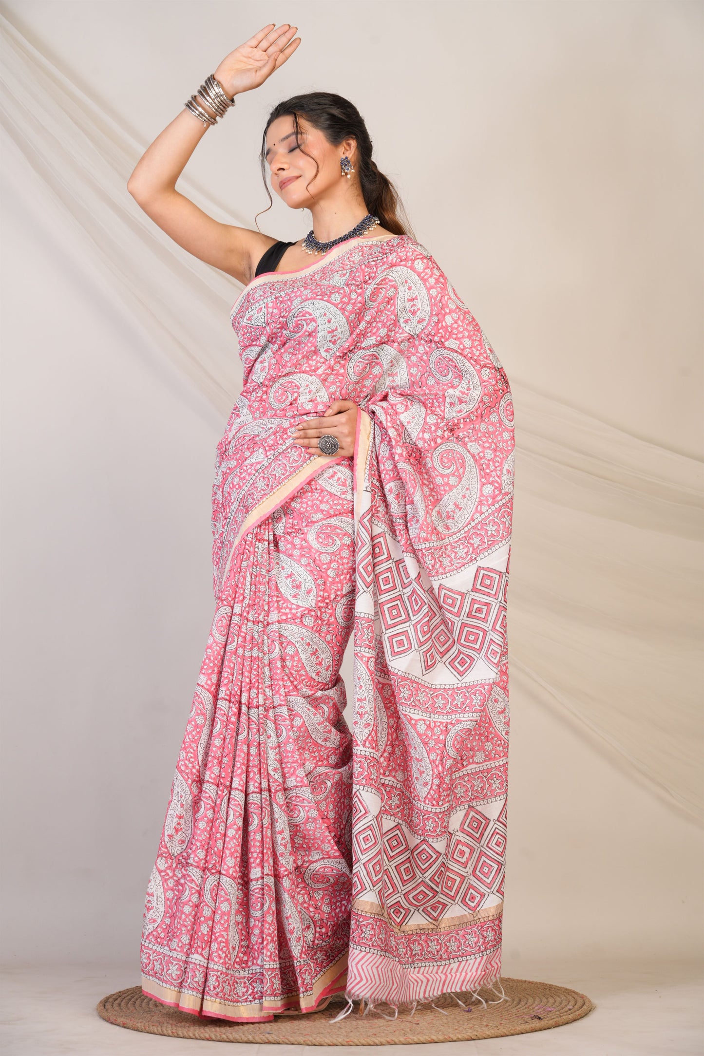 Anuttara Bhagalpuri Pink Cotton Silk Paisley, Floral Saree with Unstitched Blouse_AFS1464-FS