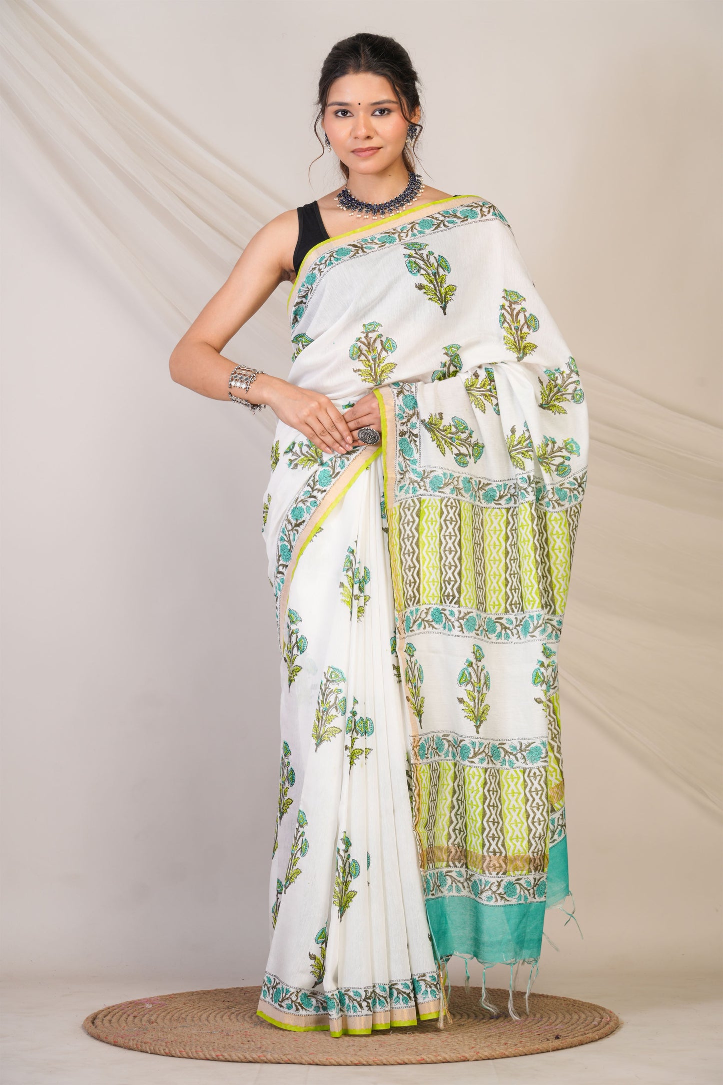 Anuttara Bhagalpuri White Cotton Silk Floral Saree with Unstitched Blouse_AFS1465-FS