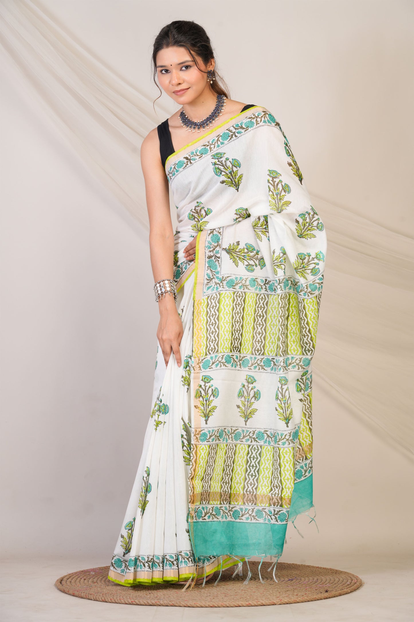 Anuttara Bhagalpuri White Cotton Silk Floral Saree with Unstitched Blouse_AFS1465-FS