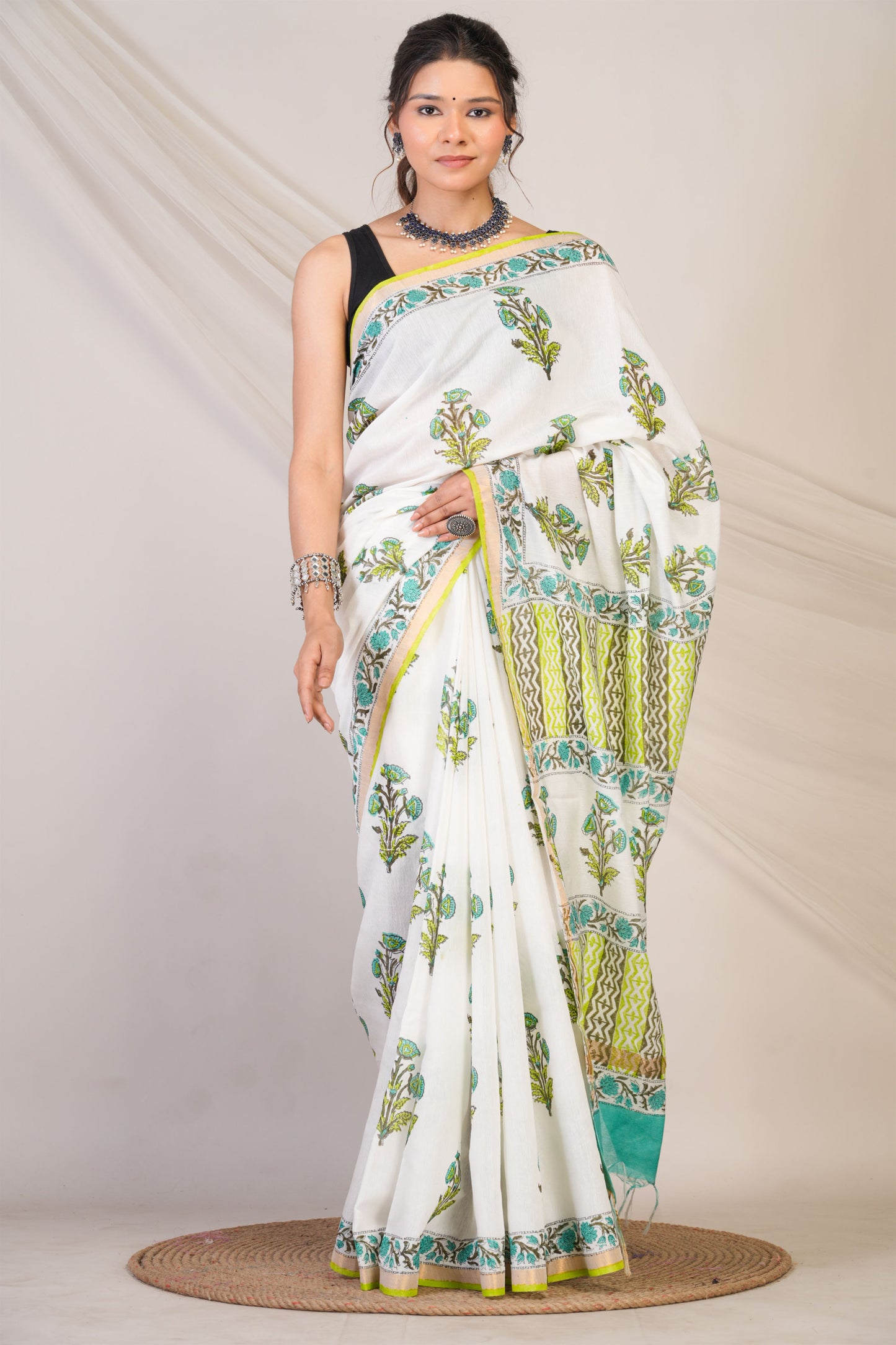 Anuttara Bhagalpuri White Cotton Silk Floral Saree with Unstitched Blouse_AFS1465-FS