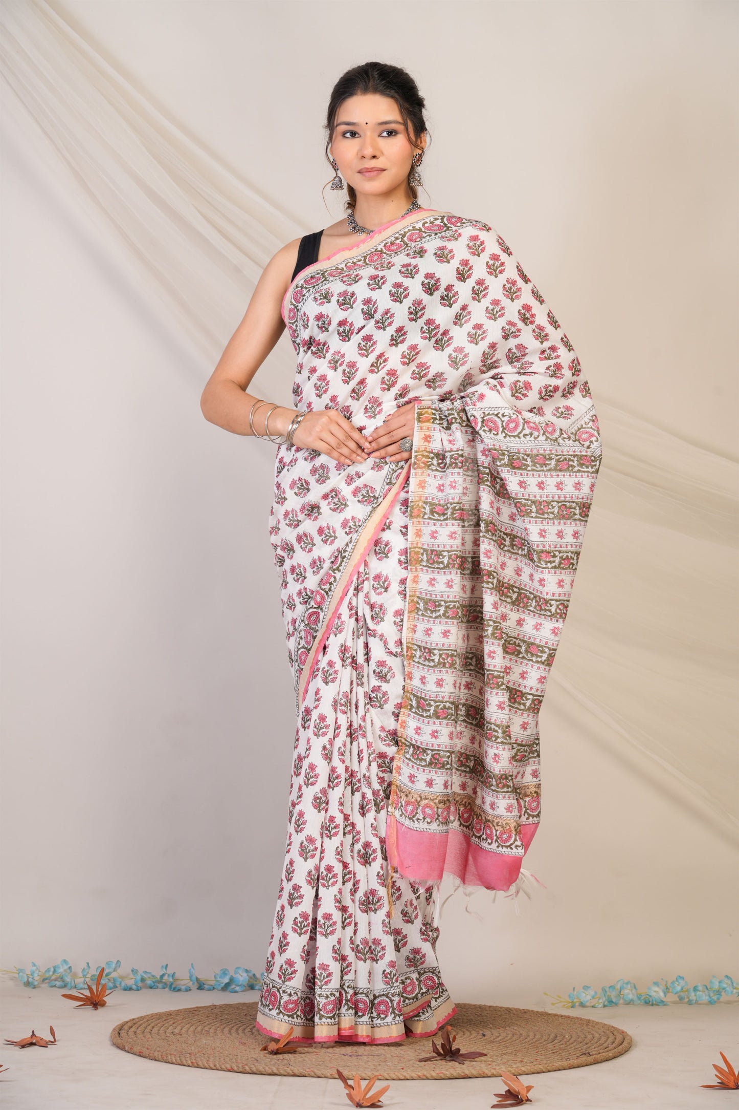Anuttara Bhagalpuri White Cotton Silk Floral Saree with Unstitched Blouse_AFS1466-FS
