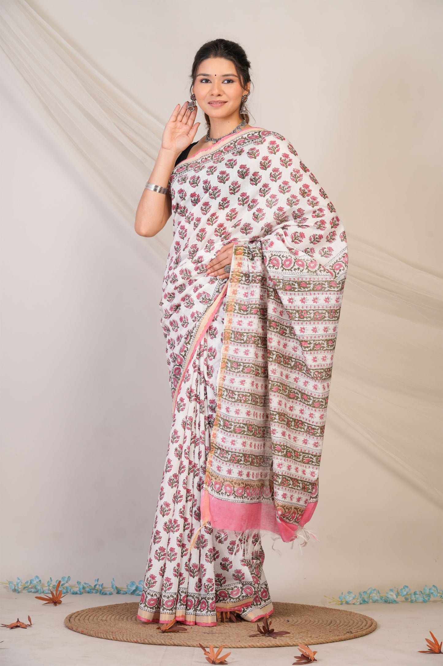 Anuttara Bhagalpuri White Cotton Silk Floral Saree with Unstitched Blouse_AFS1466-FS
