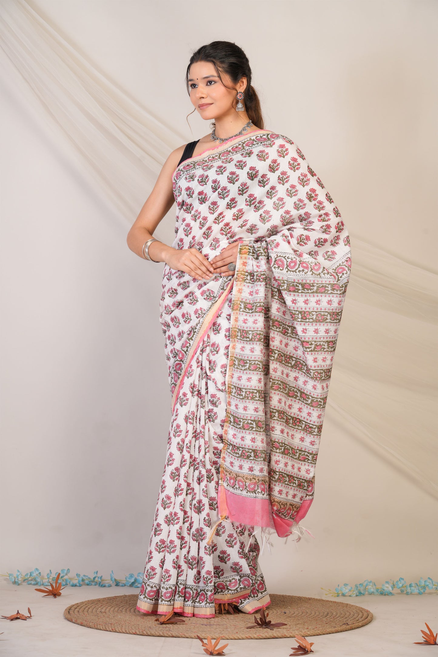 Anuttara Bhagalpuri White Cotton Silk Floral Saree with Unstitched Blouse_AFS1466-FS