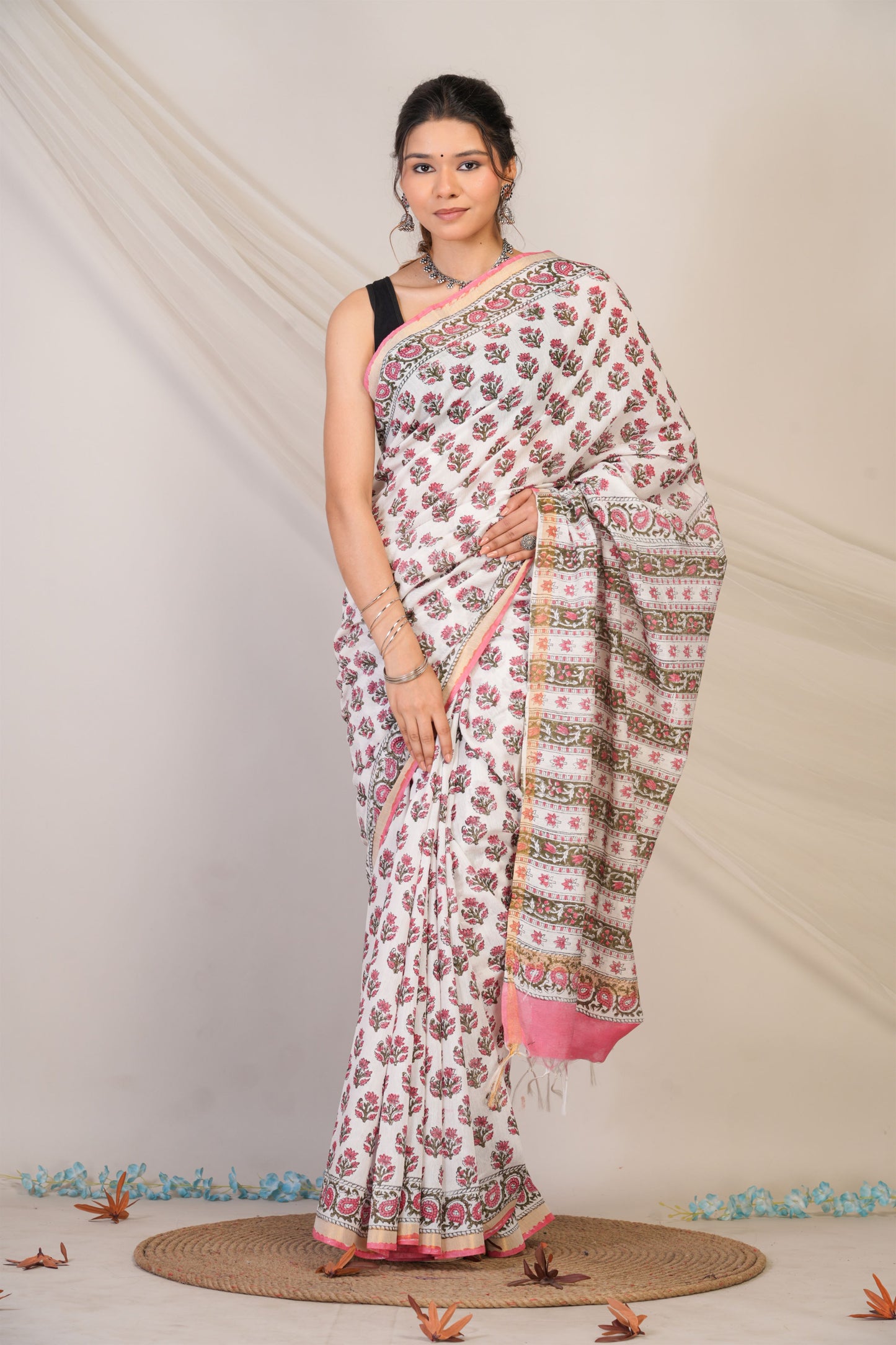 Anuttara Bhagalpuri White Cotton Silk Floral Saree with Unstitched Blouse_AFS1466-FS