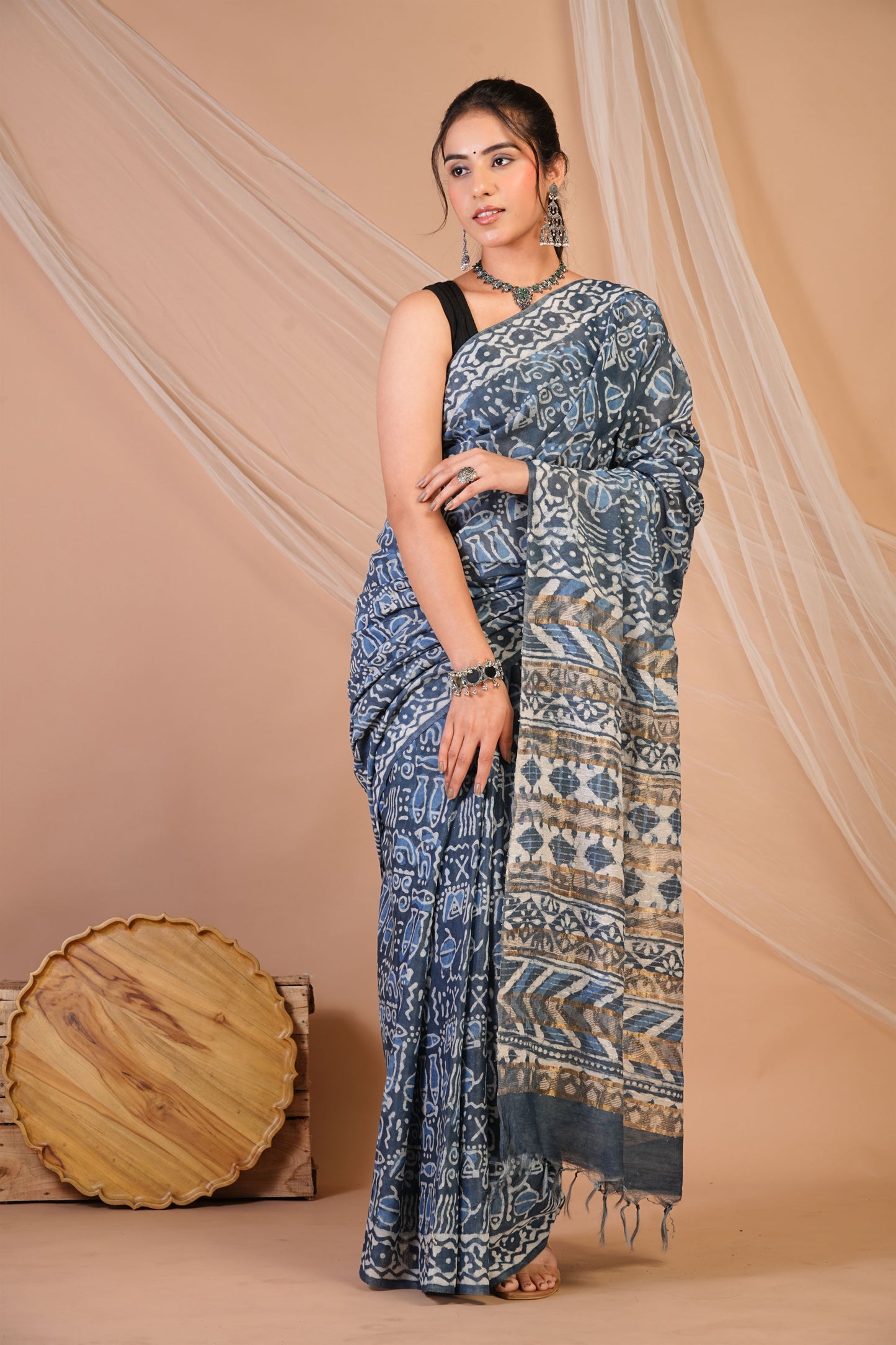 Anuttara Bhagalpuri Grey Cotton Silk Trible Saree with Unstitched Blouse_AFS1471-FS
