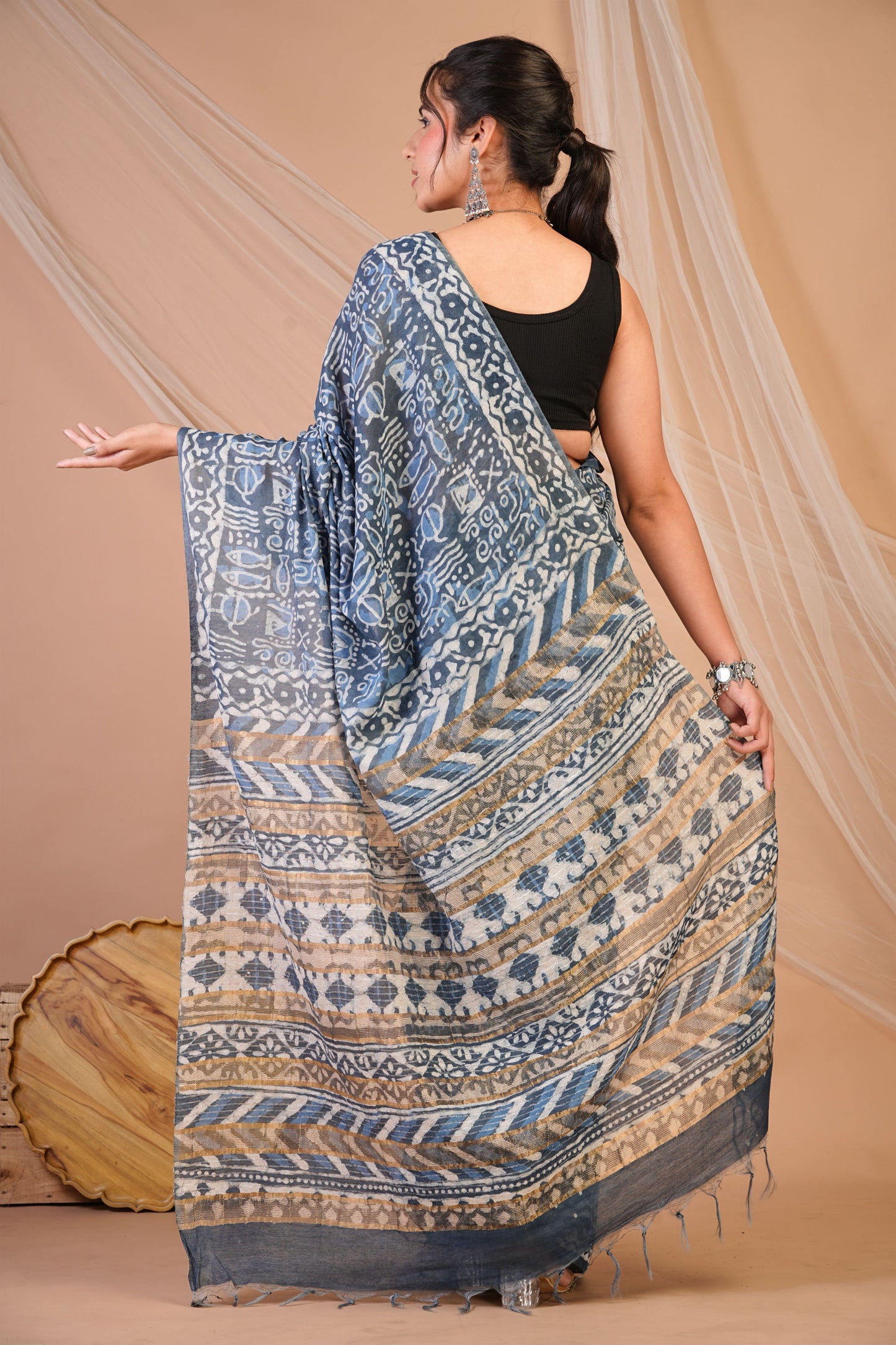 Anuttara Bhagalpuri Grey Cotton Silk Trible Saree with Unstitched Blouse_AFS1471-FS