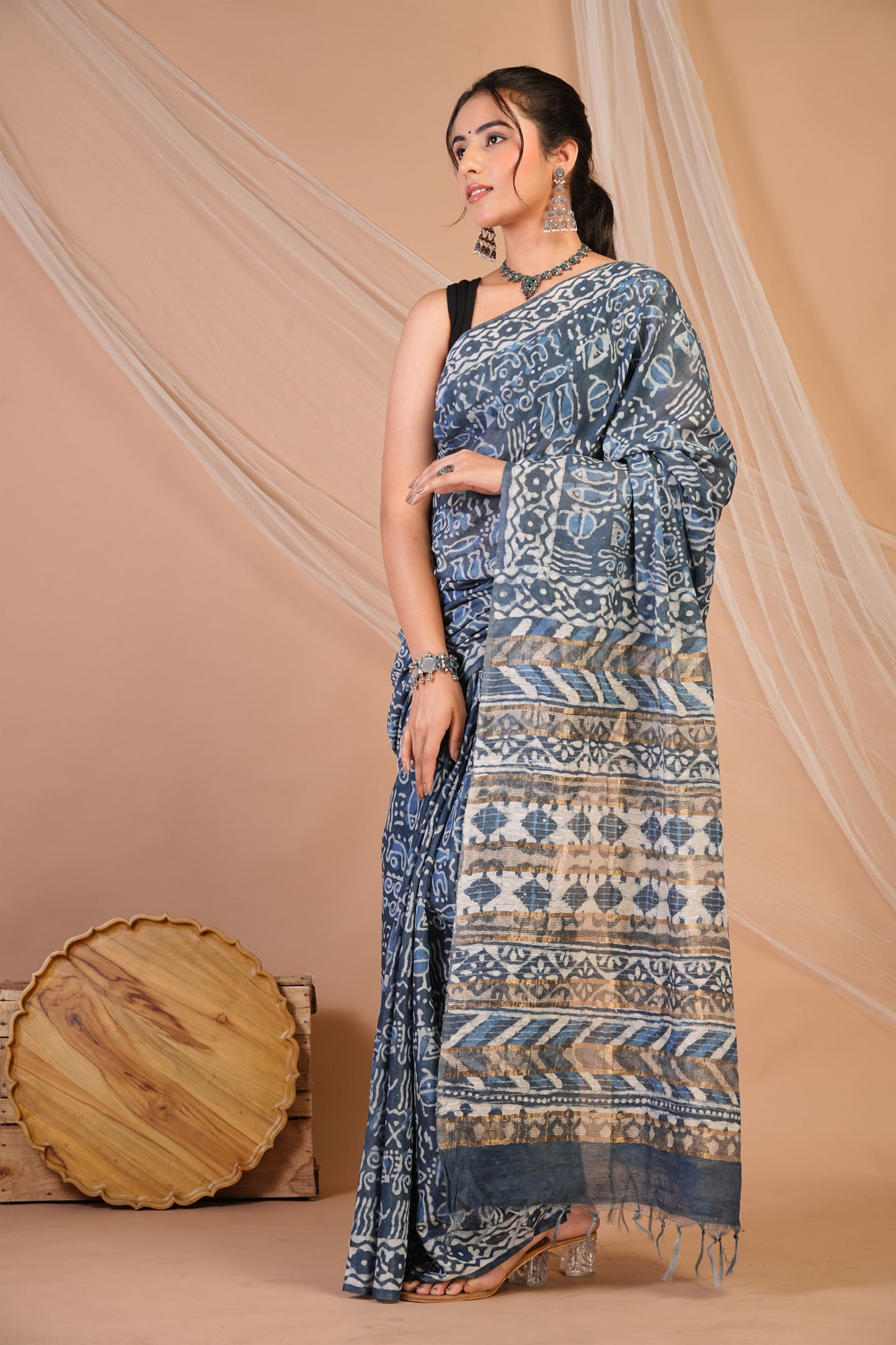Anuttara Bhagalpuri Grey Cotton Silk Trible Saree with Unstitched Blouse_AFS1471-FS