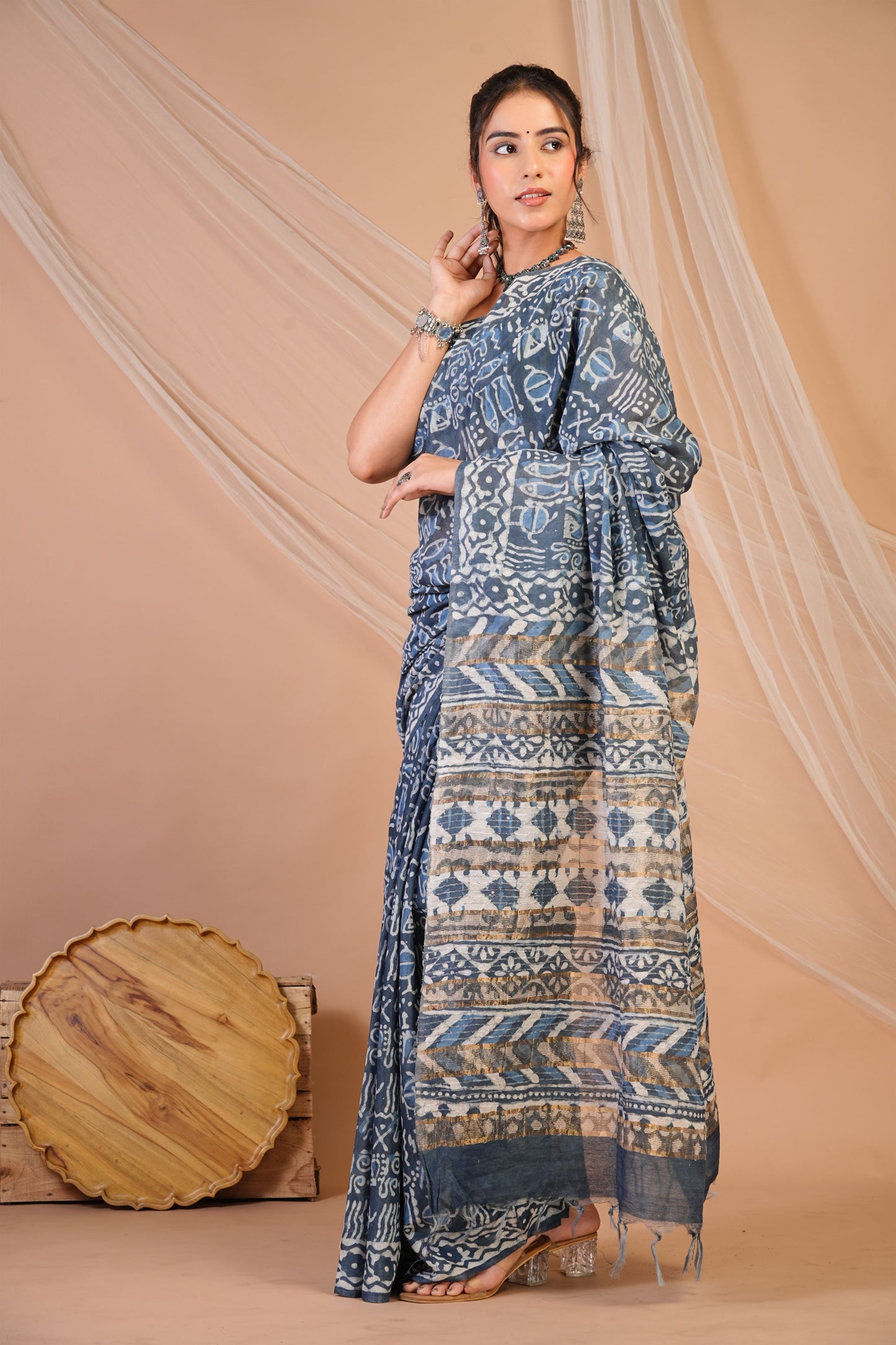 Anuttara Bhagalpuri Grey Cotton Silk Trible Saree with Unstitched Blouse_AFS1471-FS