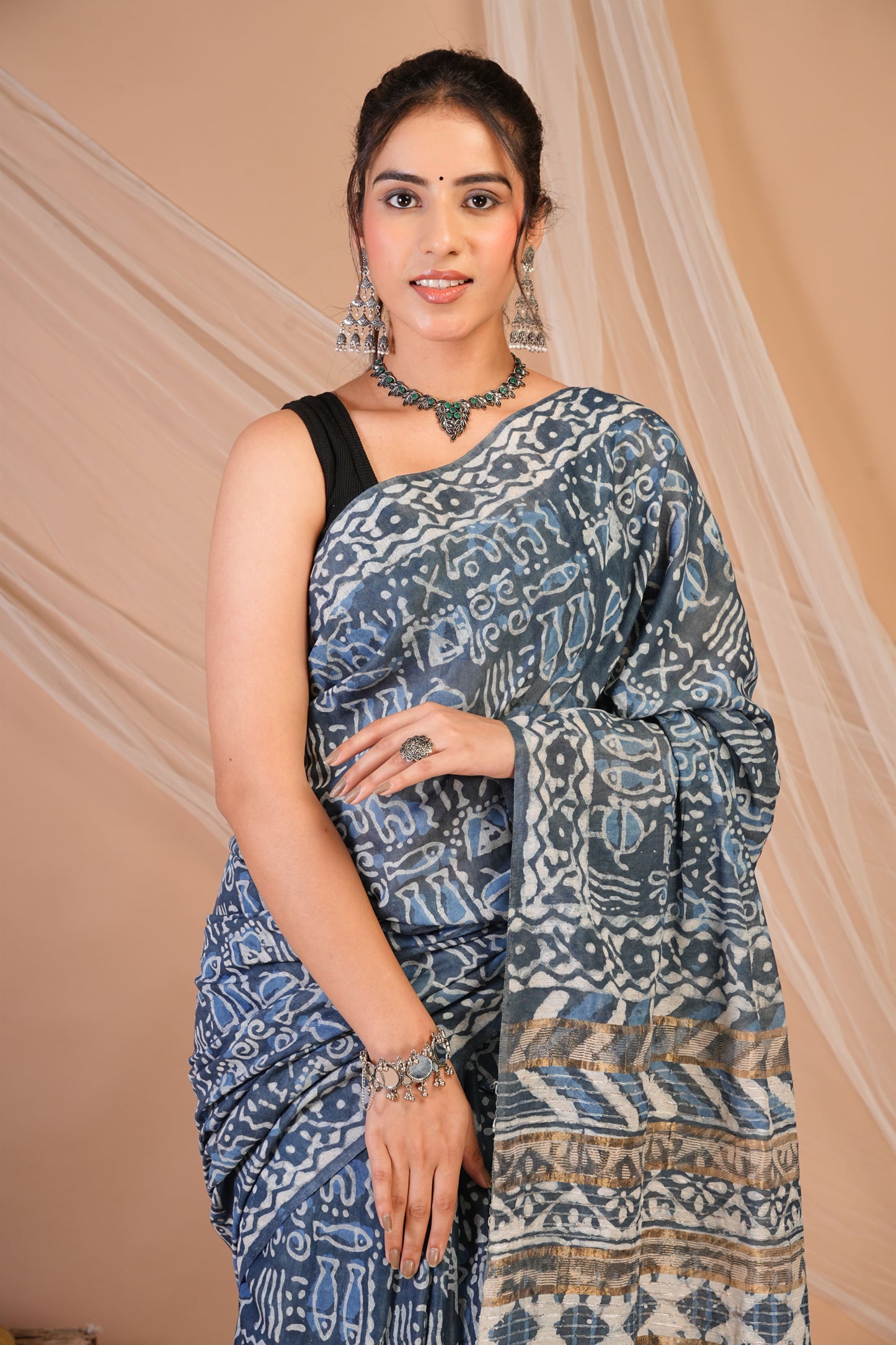 Anuttara Bhagalpuri Grey Cotton Silk Trible Saree with Unstitched Blouse_AFS1471-FS