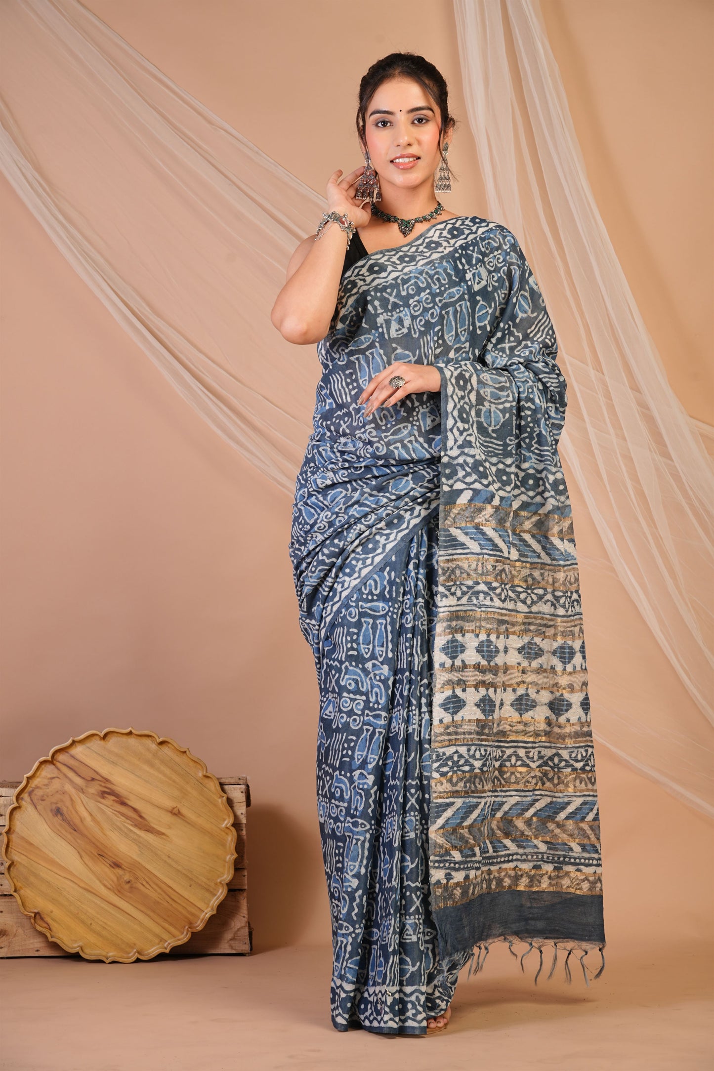 Anuttara Bhagalpuri Grey Cotton Silk Trible Saree with Unstitched Blouse_AFS1471-FS