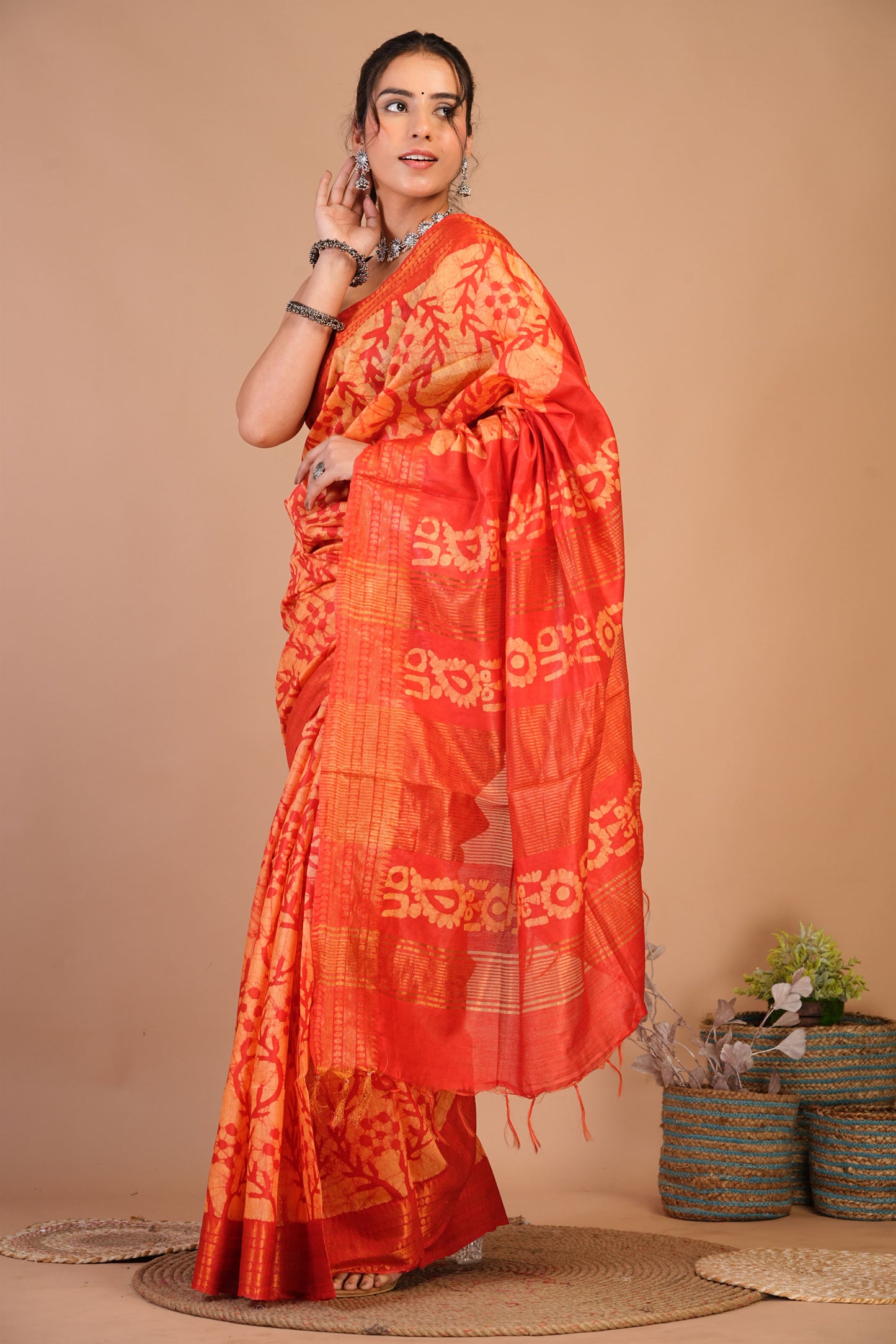 Anuttara Bhagalpuri Orange Cotton Silk Batik Print Saree with Unstitched Blouse_AFS1494-FS