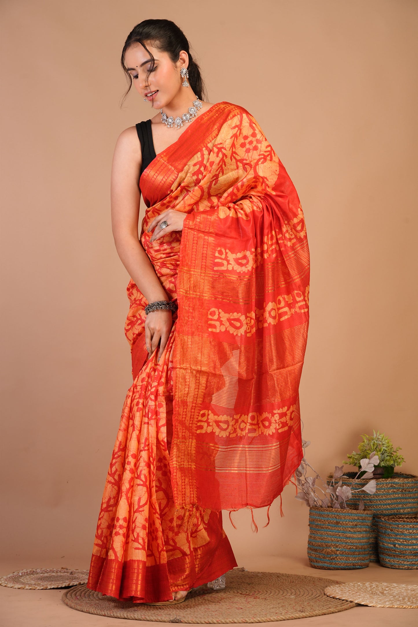 Anuttara Bhagalpuri Orange Cotton Silk Batik Print Saree with Unstitched Blouse_AFS1494-FS