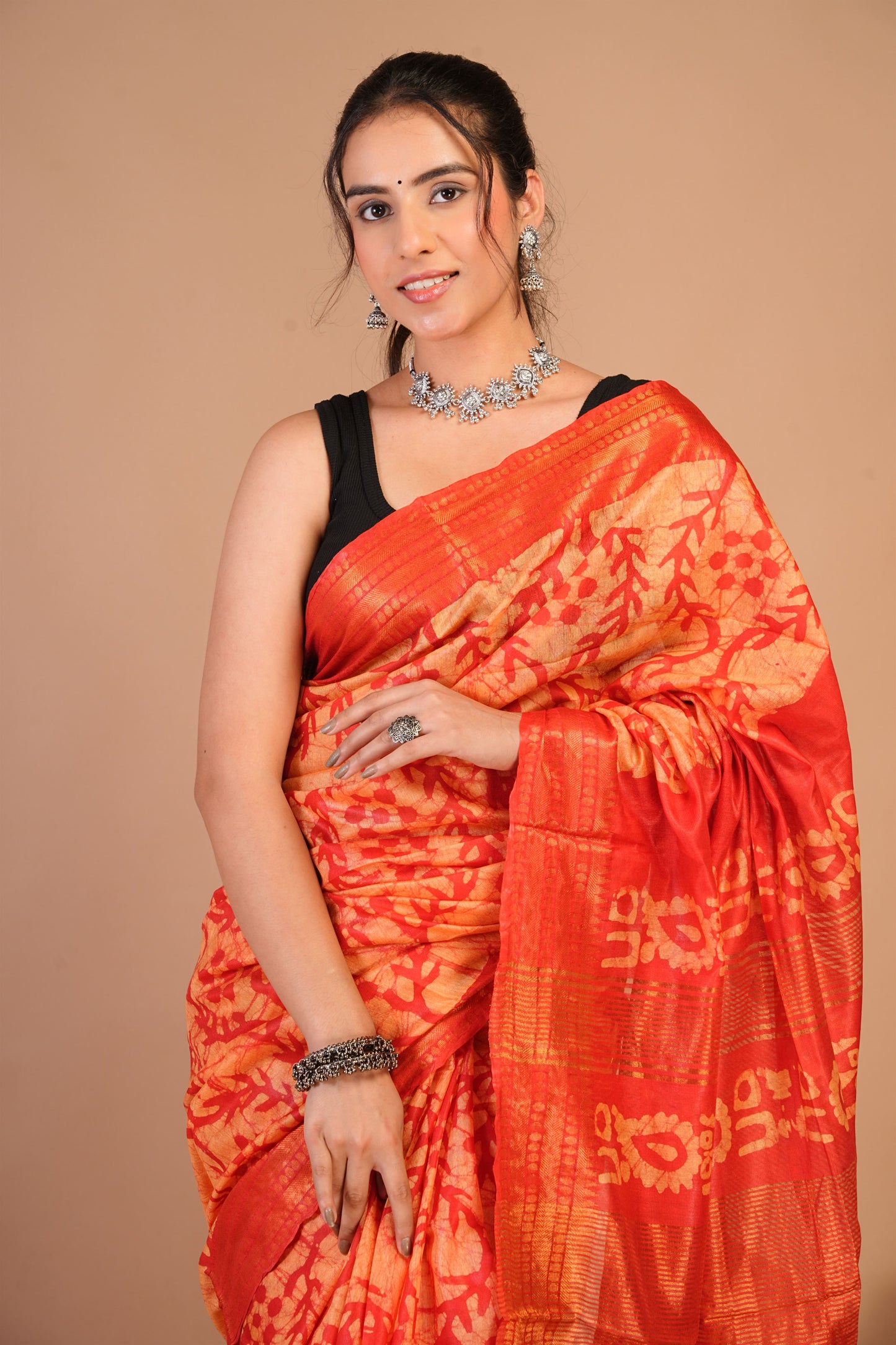 Anuttara Bhagalpuri Orange Cotton Silk Batik Print Saree with Unstitched Blouse_AFS1494-FS