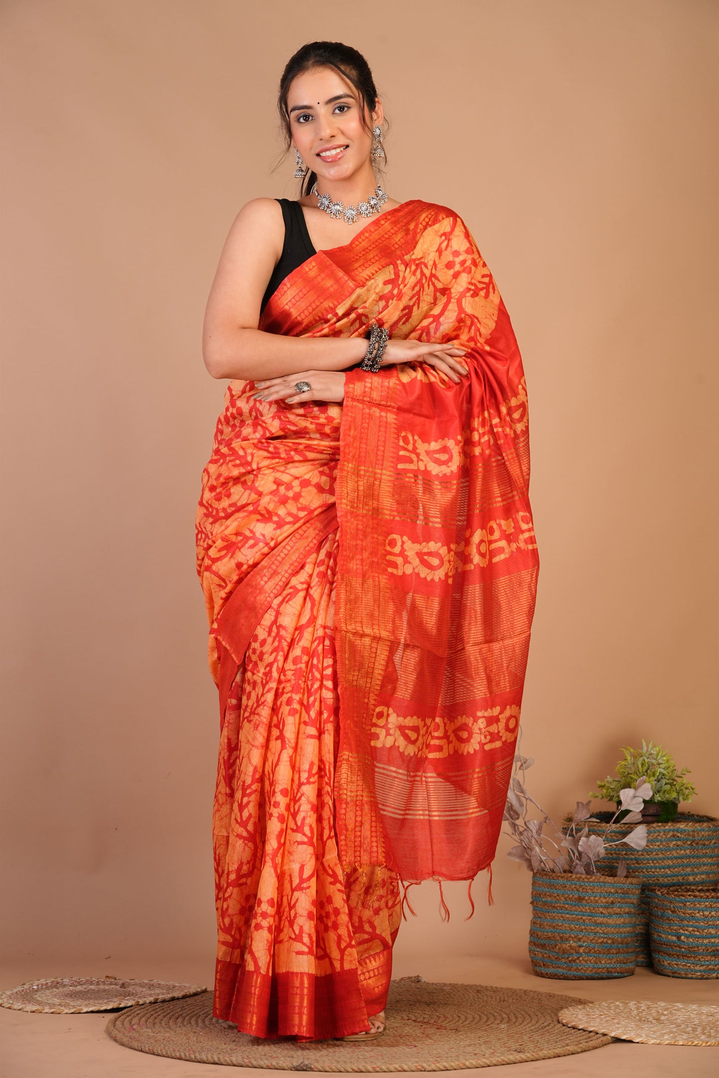 Anuttara Bhagalpuri Orange Cotton Silk Batik Print Saree with Unstitched Blouse_AFS1494-FS