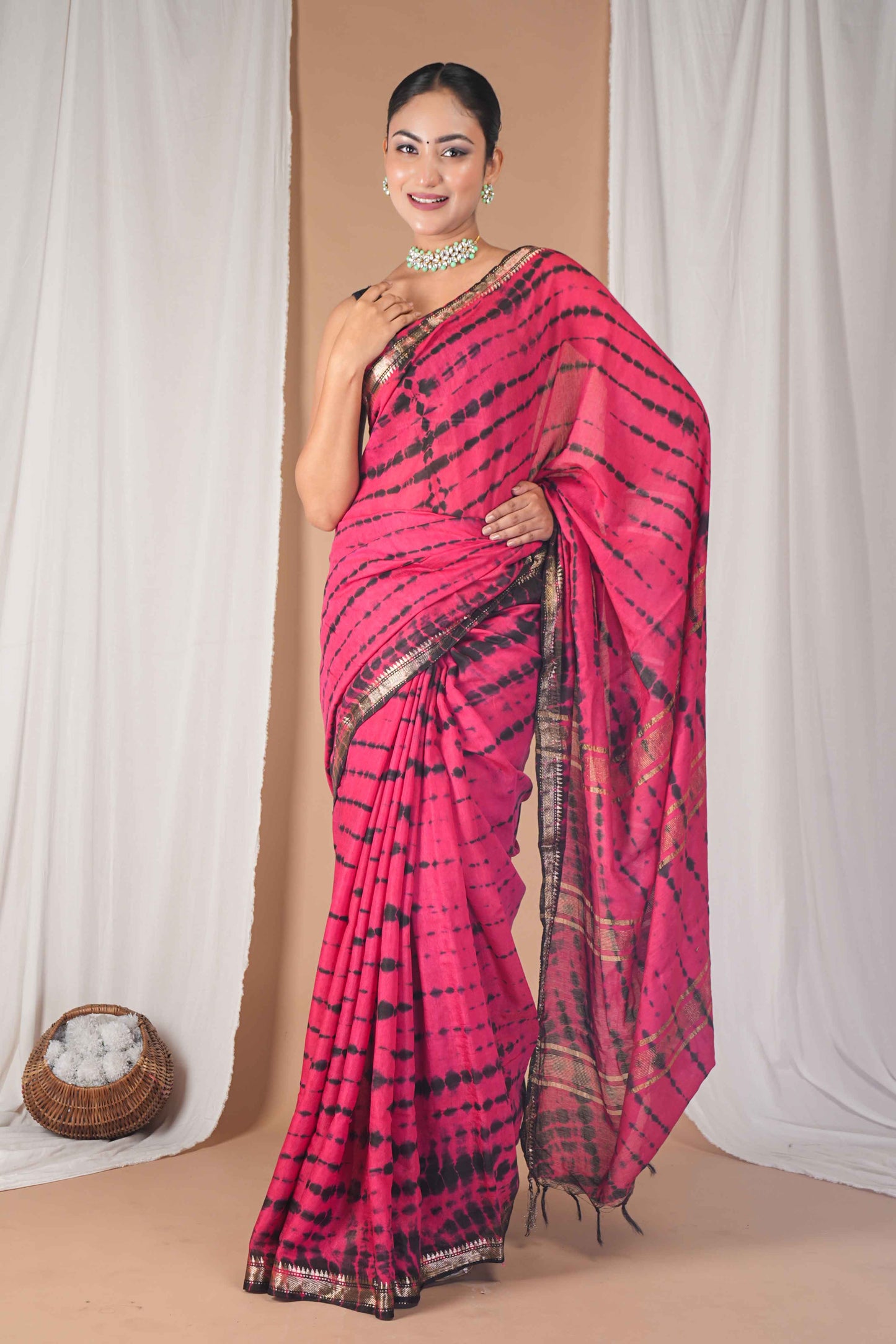Anuttara Women's Bhagalpuri Dark Pink::Black Silk Blend Leheriya with Maheshwari Border Ethnic Saree With Blouse_AFS1516-FS
