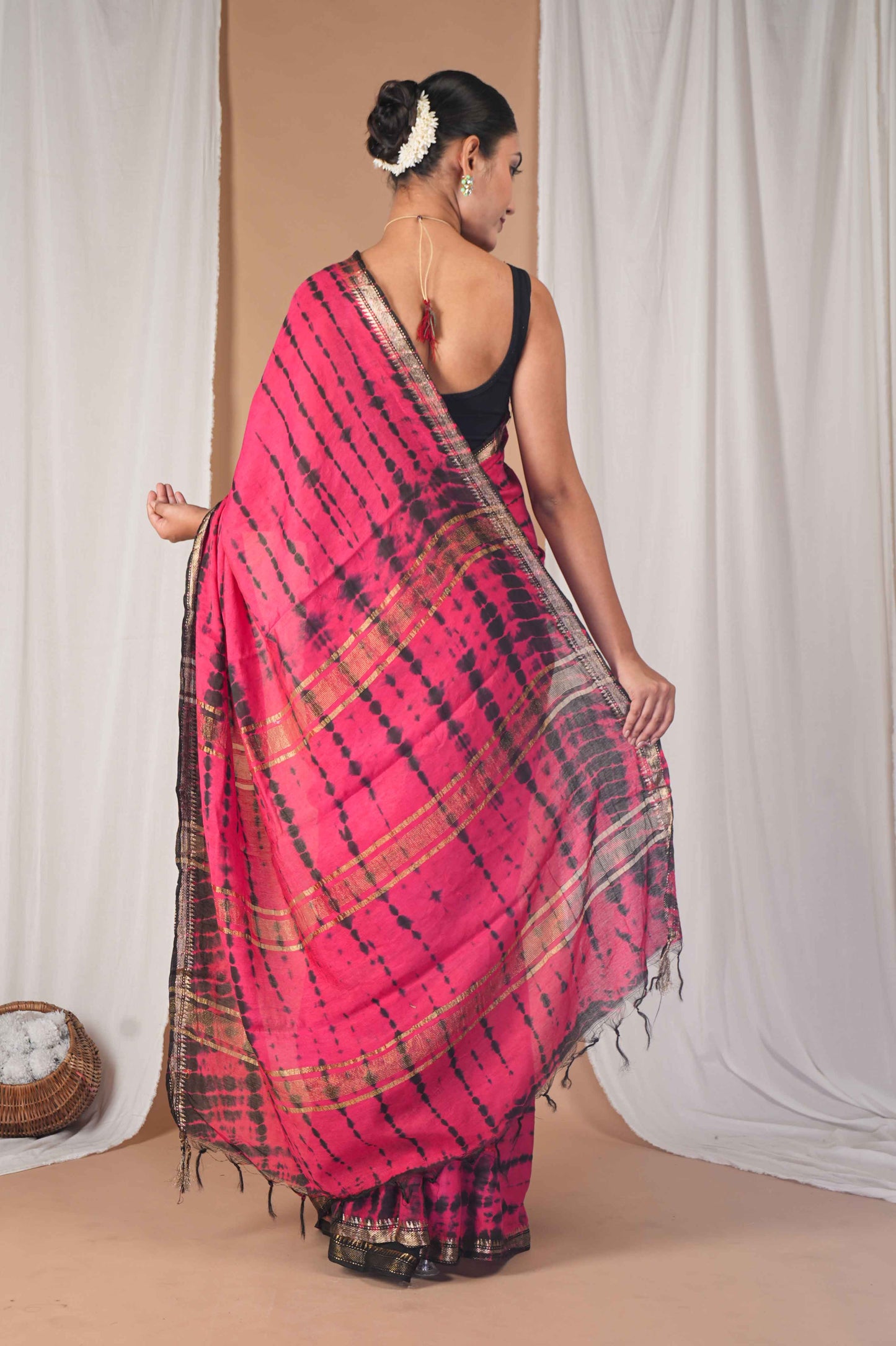 Anuttara Women's Bhagalpuri Dark Pink::Black Silk Blend Leheriya with Maheshwari Border Ethnic Saree With Blouse_AFS1516-FS