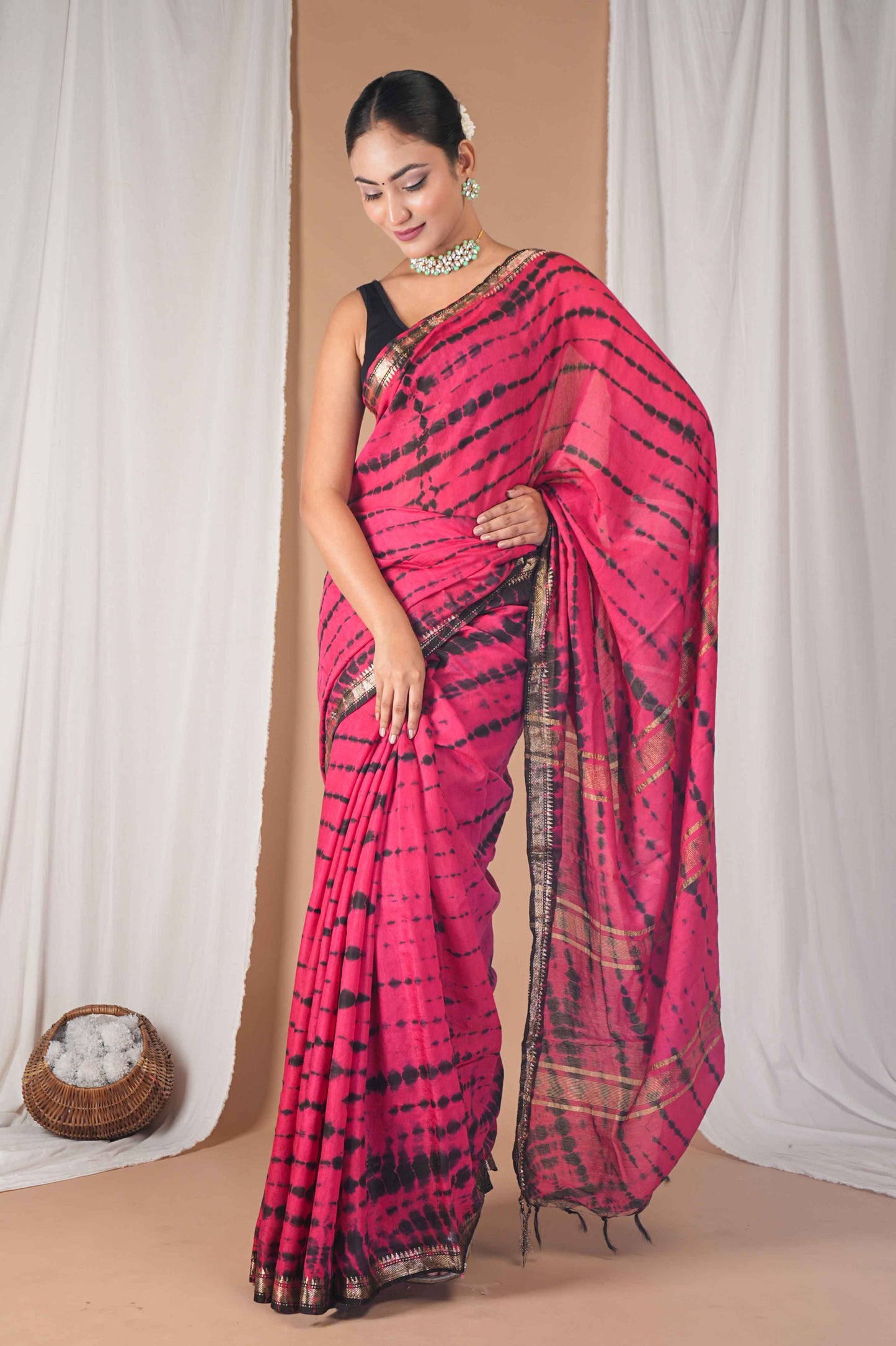 Anuttara Women's Bhagalpuri Dark Pink::Black Silk Blend Leheriya with Maheshwari Border Ethnic Saree With Blouse_AFS1516-FS
