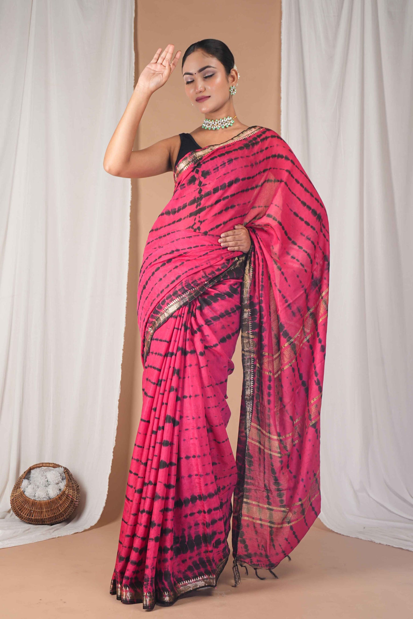 Anuttara Women's Bhagalpuri Dark Pink::Black Silk Blend Leheriya with Maheshwari Border Ethnic Saree With Blouse_AFS1516-FS