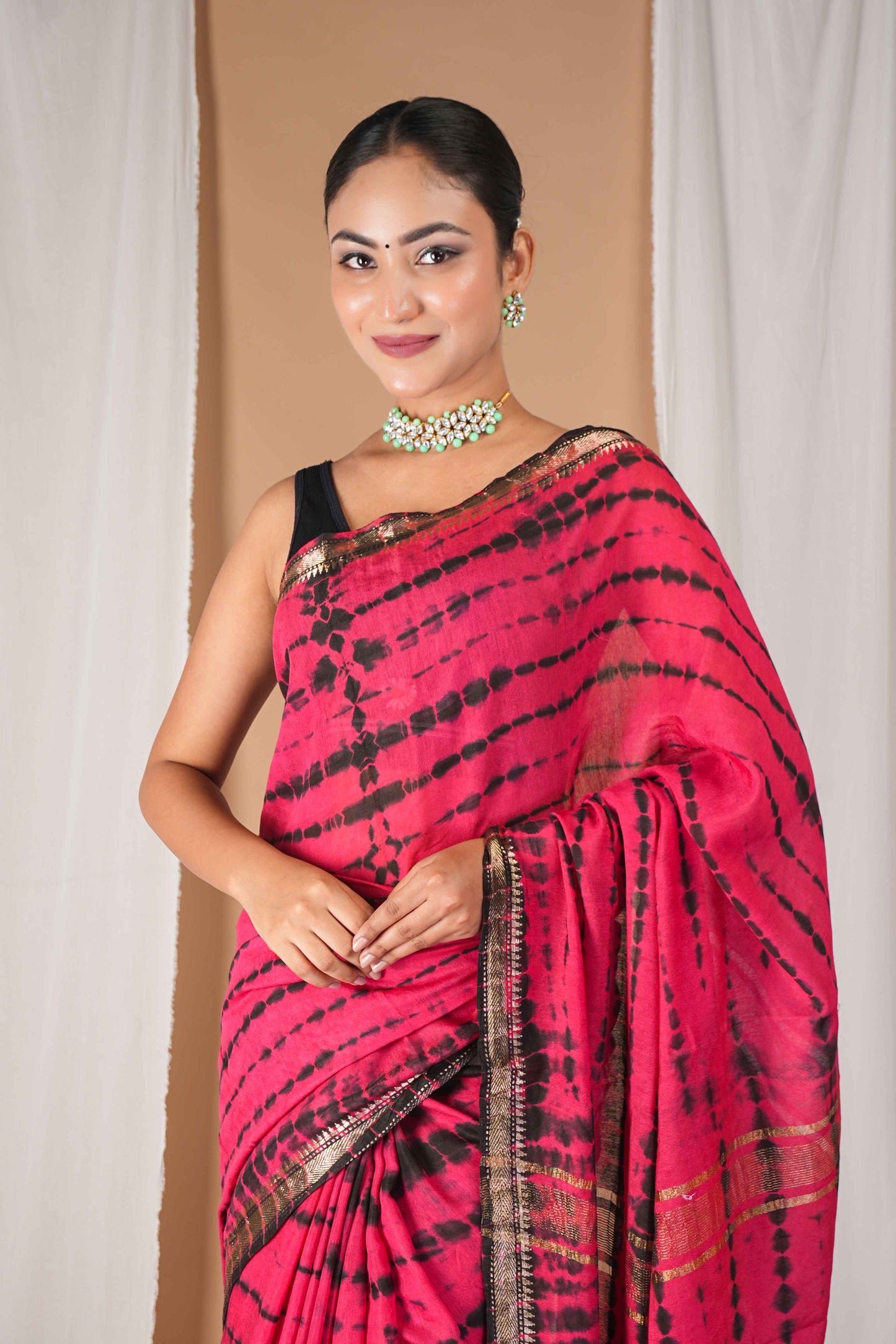 Anuttara Women's Bhagalpuri Dark Pink::Black Silk Blend Leheriya with Maheshwari Border Ethnic Saree With Blouse_AFS1516-FS
