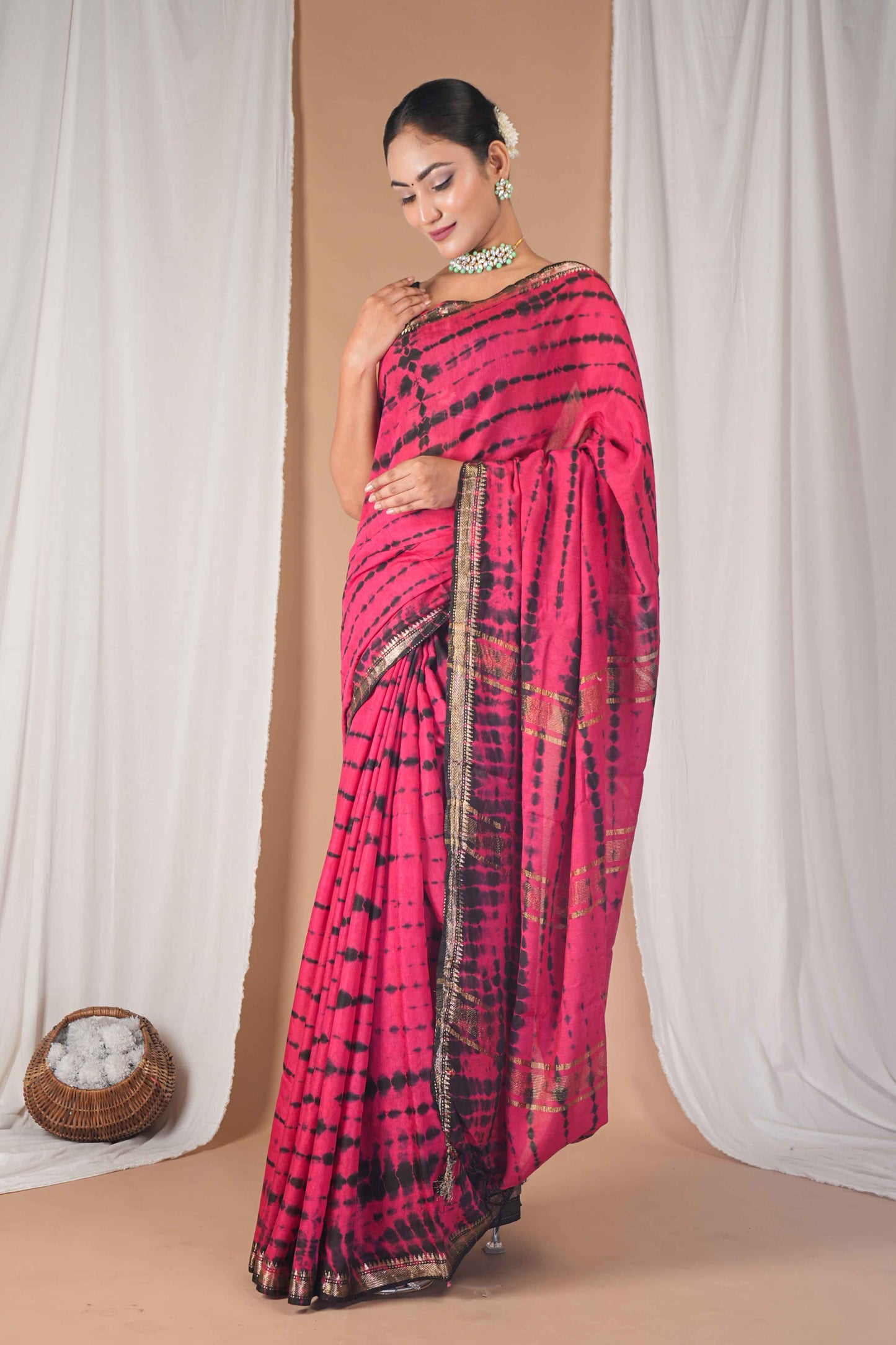 Anuttara Women's Bhagalpuri Dark Pink::Black Silk Blend Leheriya with Maheshwari Border Ethnic Saree With Blouse_AFS1516-FS
