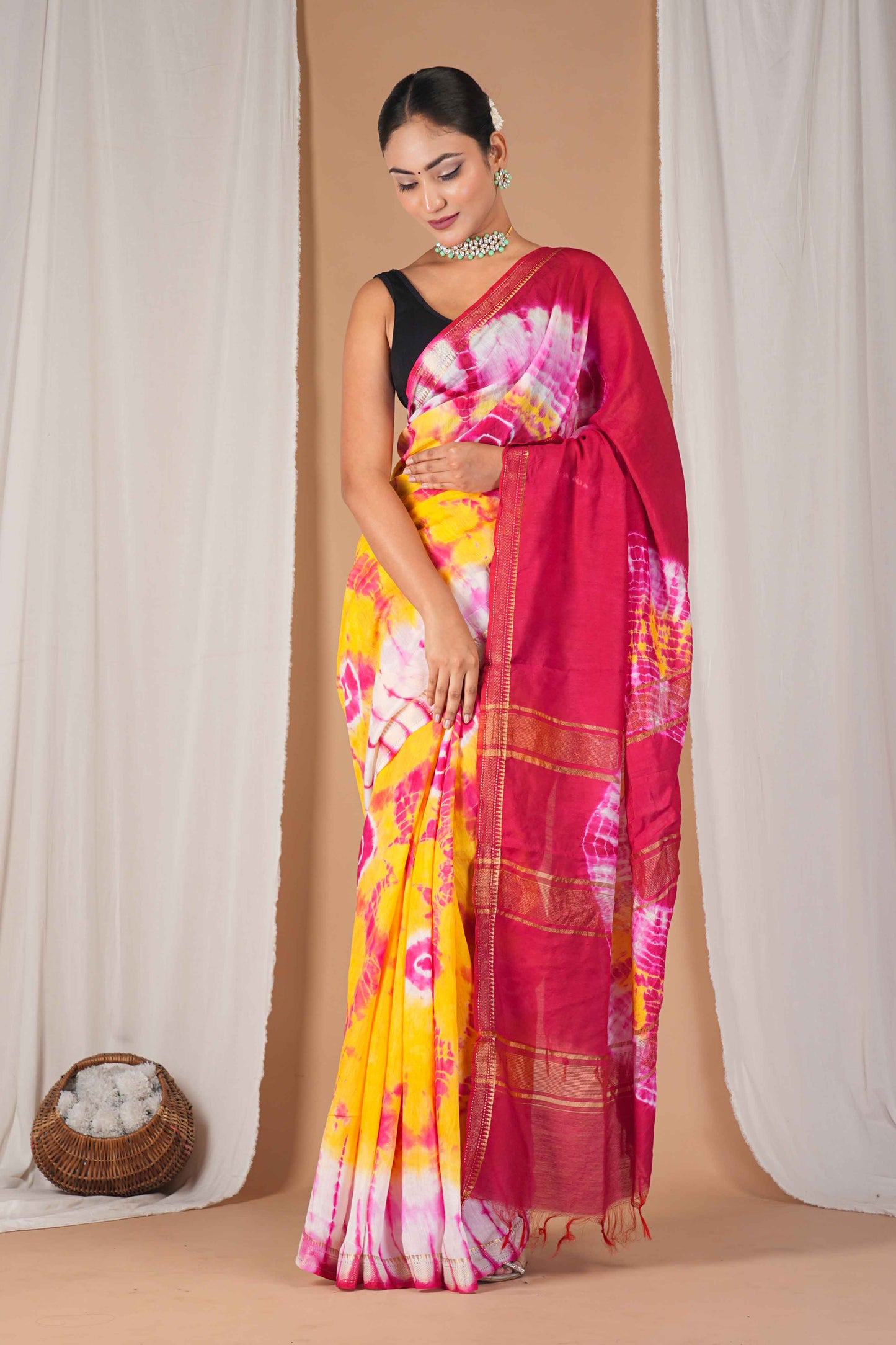 Anuttara Women's Bhagalpuri Multicolor Silk Blend Leheriya with Maheshwari Border Ethnic Saree With Blouse_AFS1520-FS