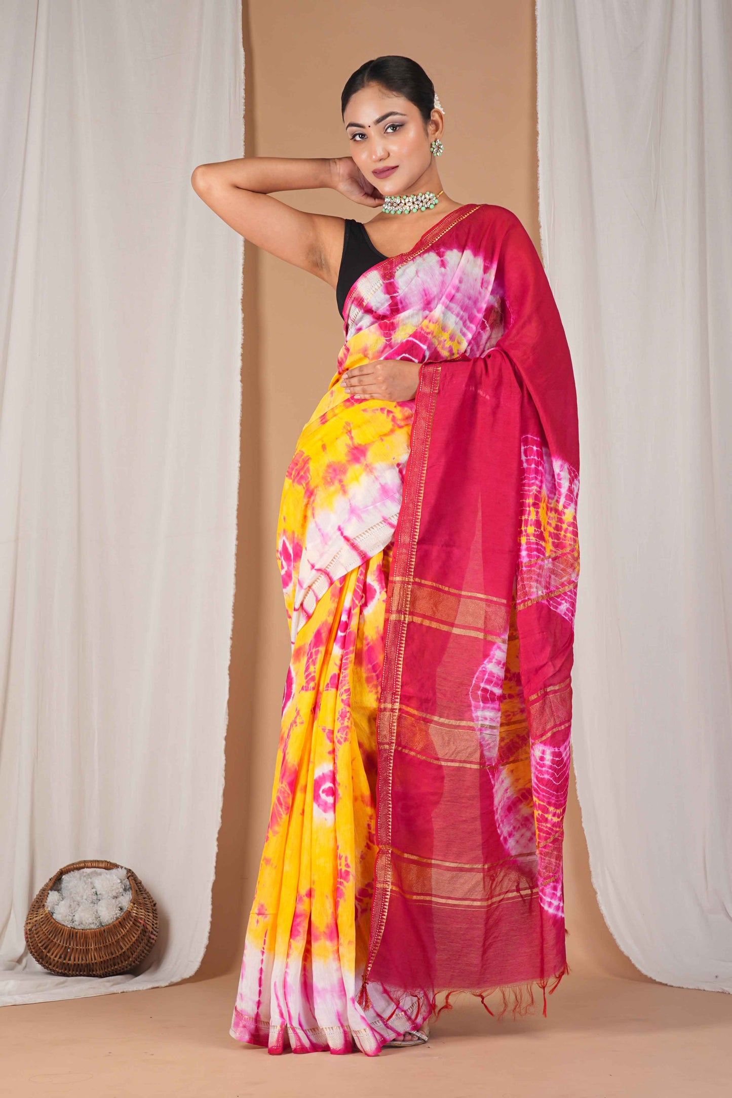 Anuttara Women's Bhagalpuri Multicolor Silk Blend Leheriya with Maheshwari Border Ethnic Saree With Blouse_AFS1520-FS