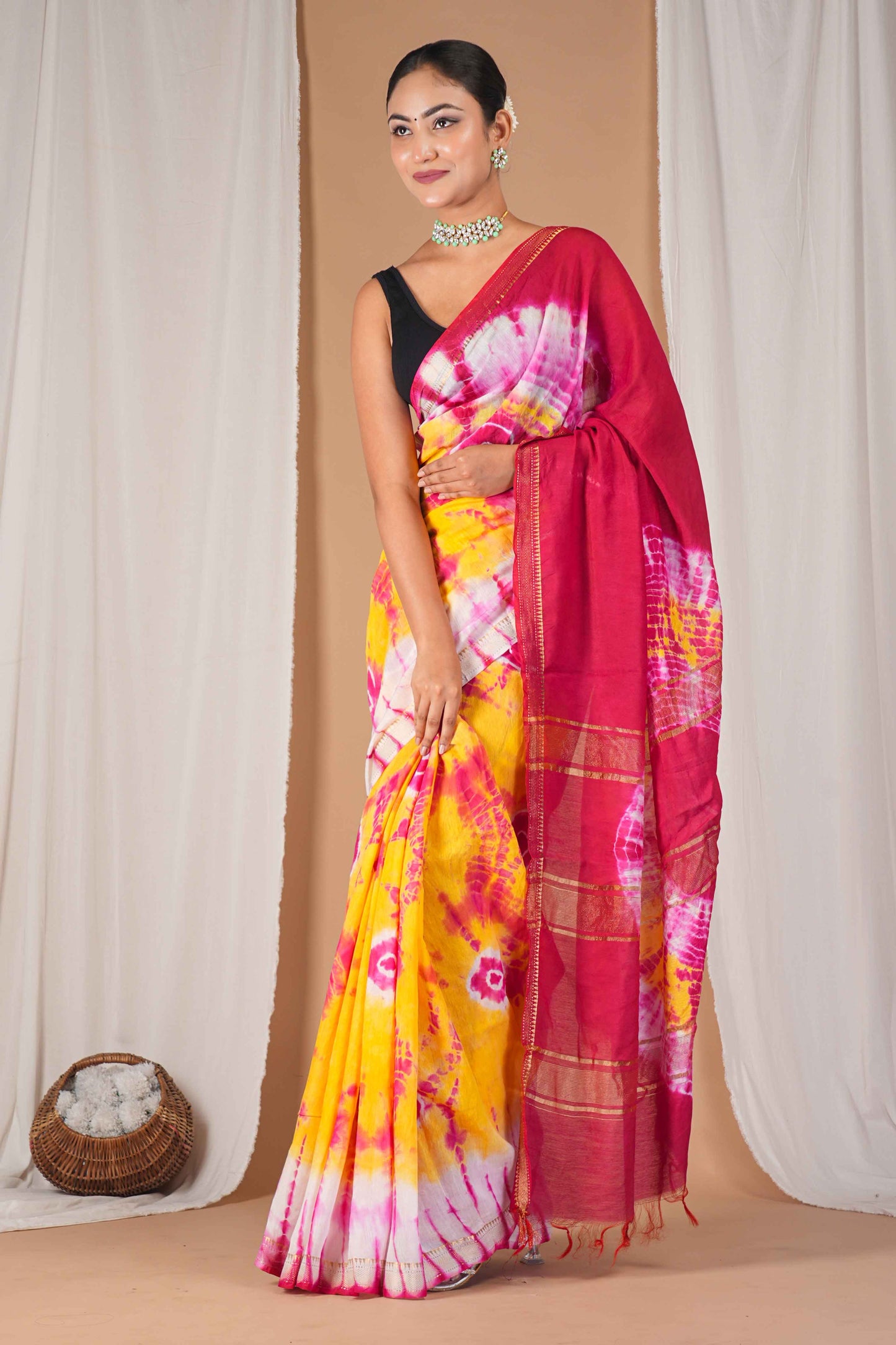 Anuttara Women's Bhagalpuri Multicolor Silk Blend Leheriya with Maheshwari Border Ethnic Saree With Blouse_AFS1520-FS