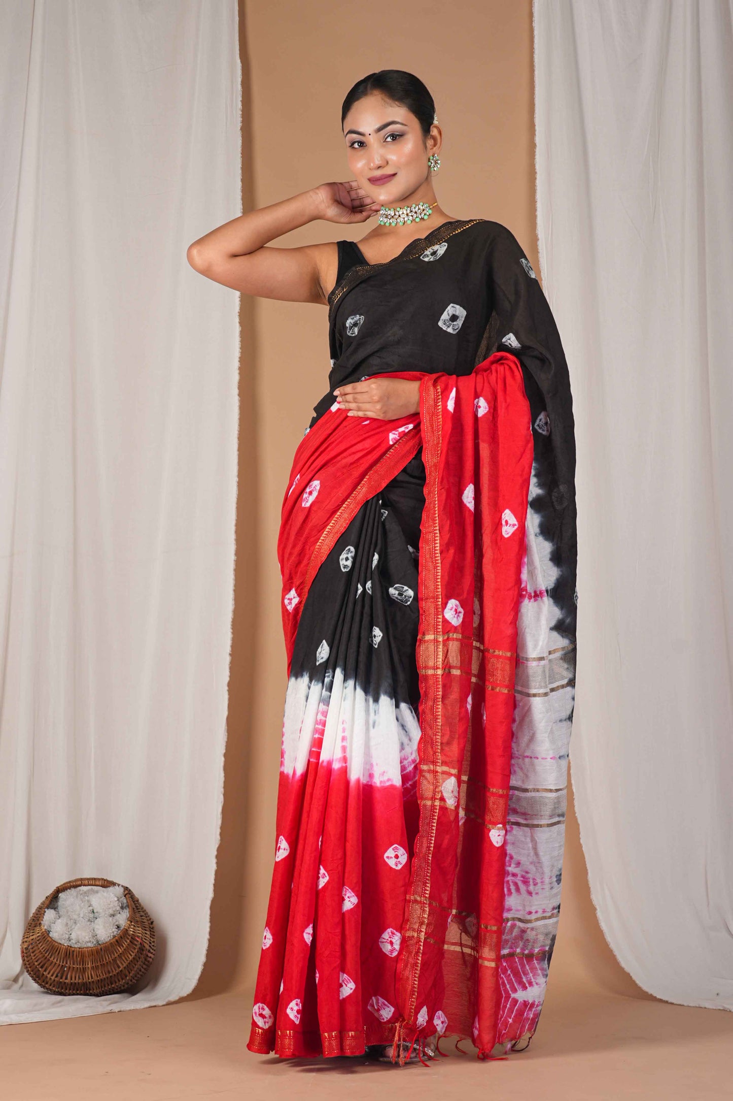 Anuttara Women's Bhagalpuri Multicolor Silk Blend Leheriya with Maheshwari Border Ethnic Saree With Blouse_AFS1521-FS