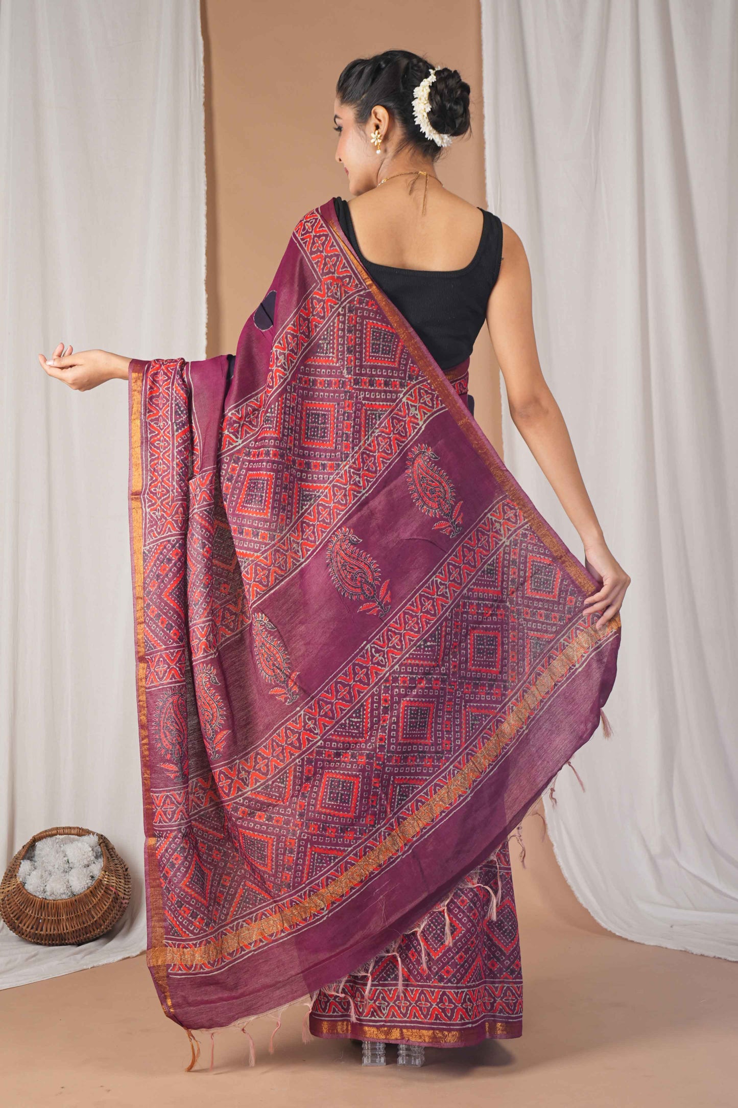 Anuttara Women's Bhagalpuri Maroon Cotton Silk Hand Block with Golden Border Ethnic Saree With Blouse_AFS1524-FS