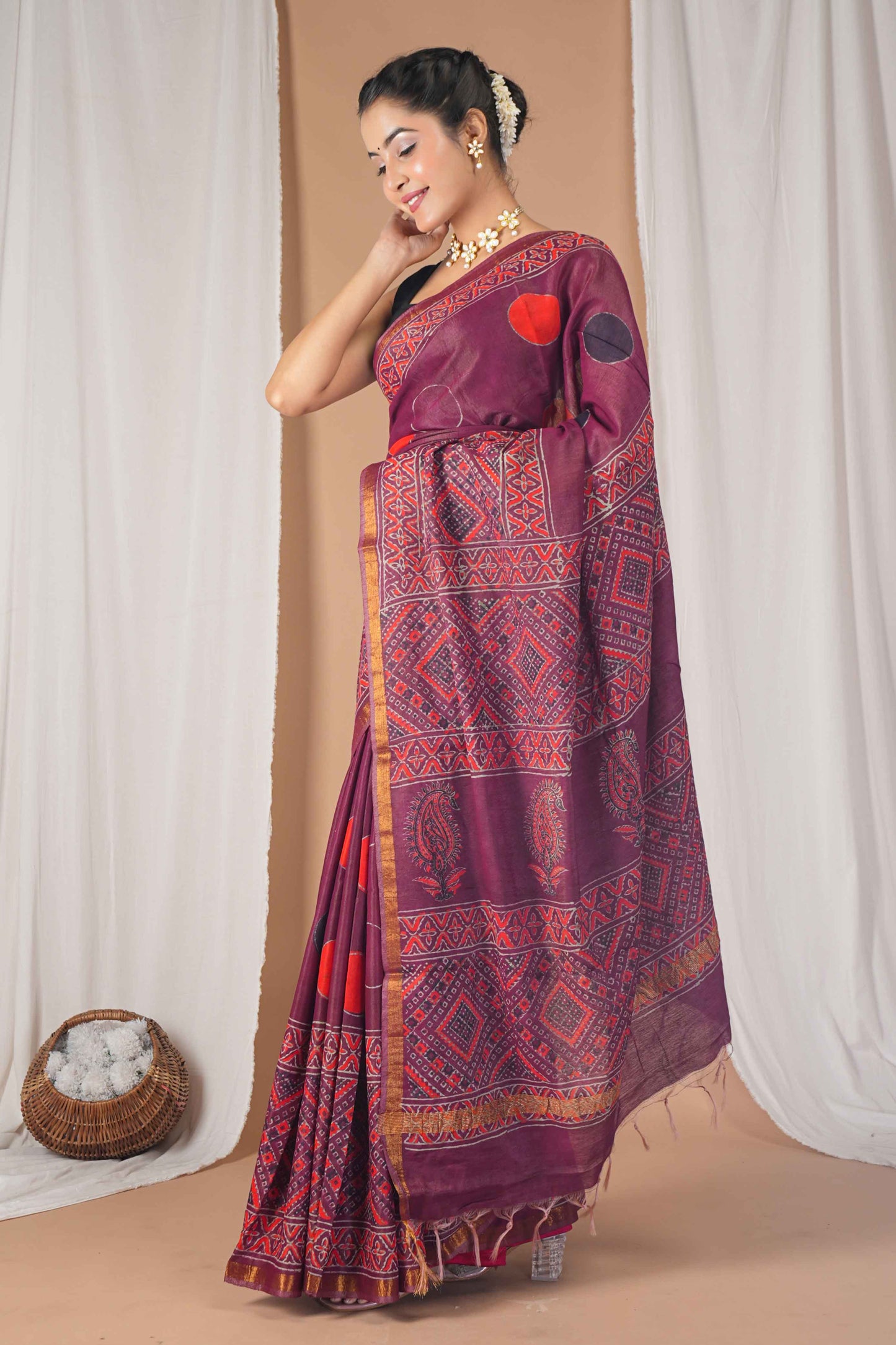 Anuttara Women's Bhagalpuri Maroon Cotton Silk Hand Block with Golden Border Ethnic Saree With Blouse_AFS1524-FS