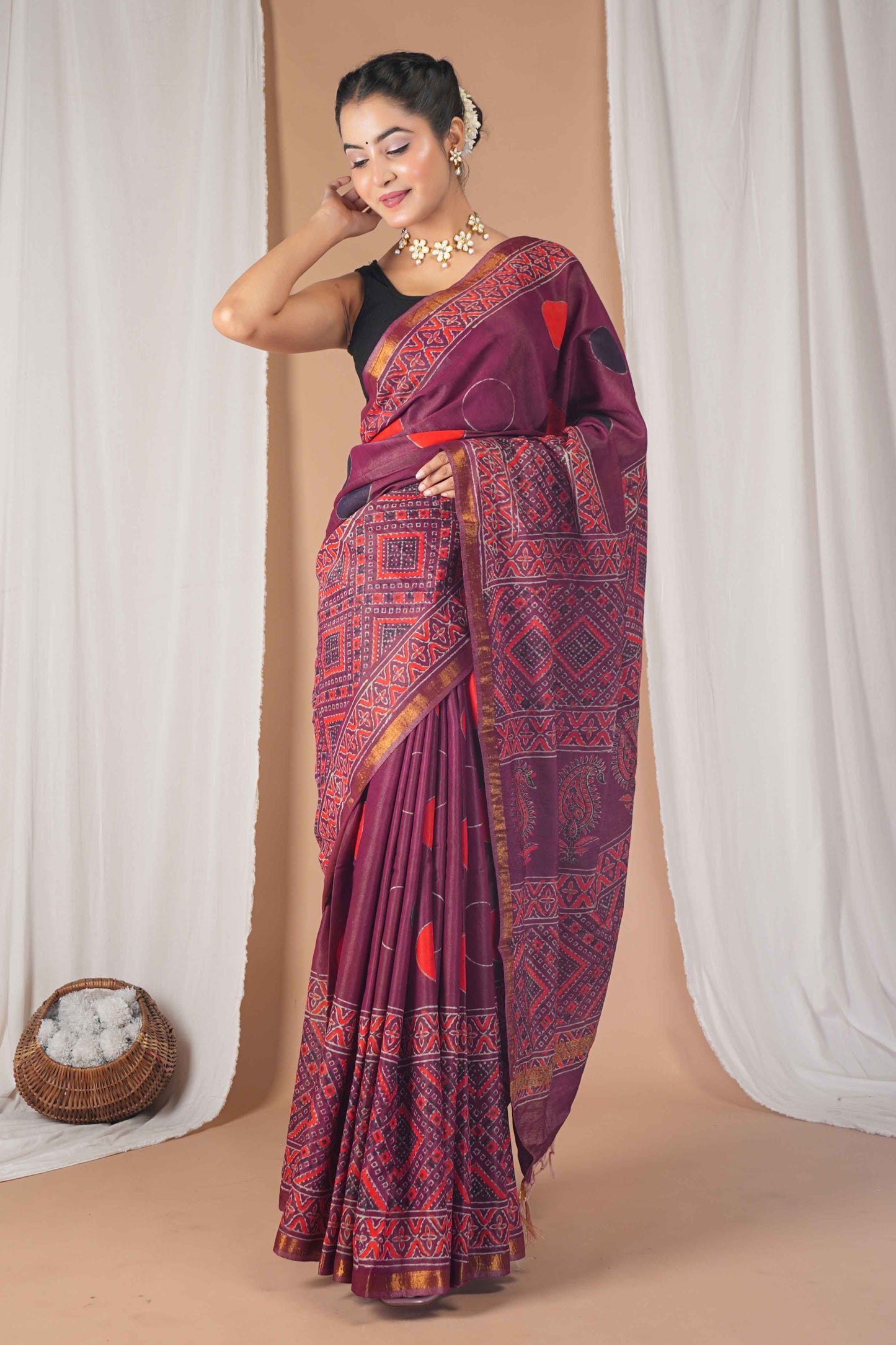 Anuttara Women's Bhagalpuri Maroon Cotton Silk Hand Block with Golden Border Ethnic Saree With Blouse_AFS1524-FS