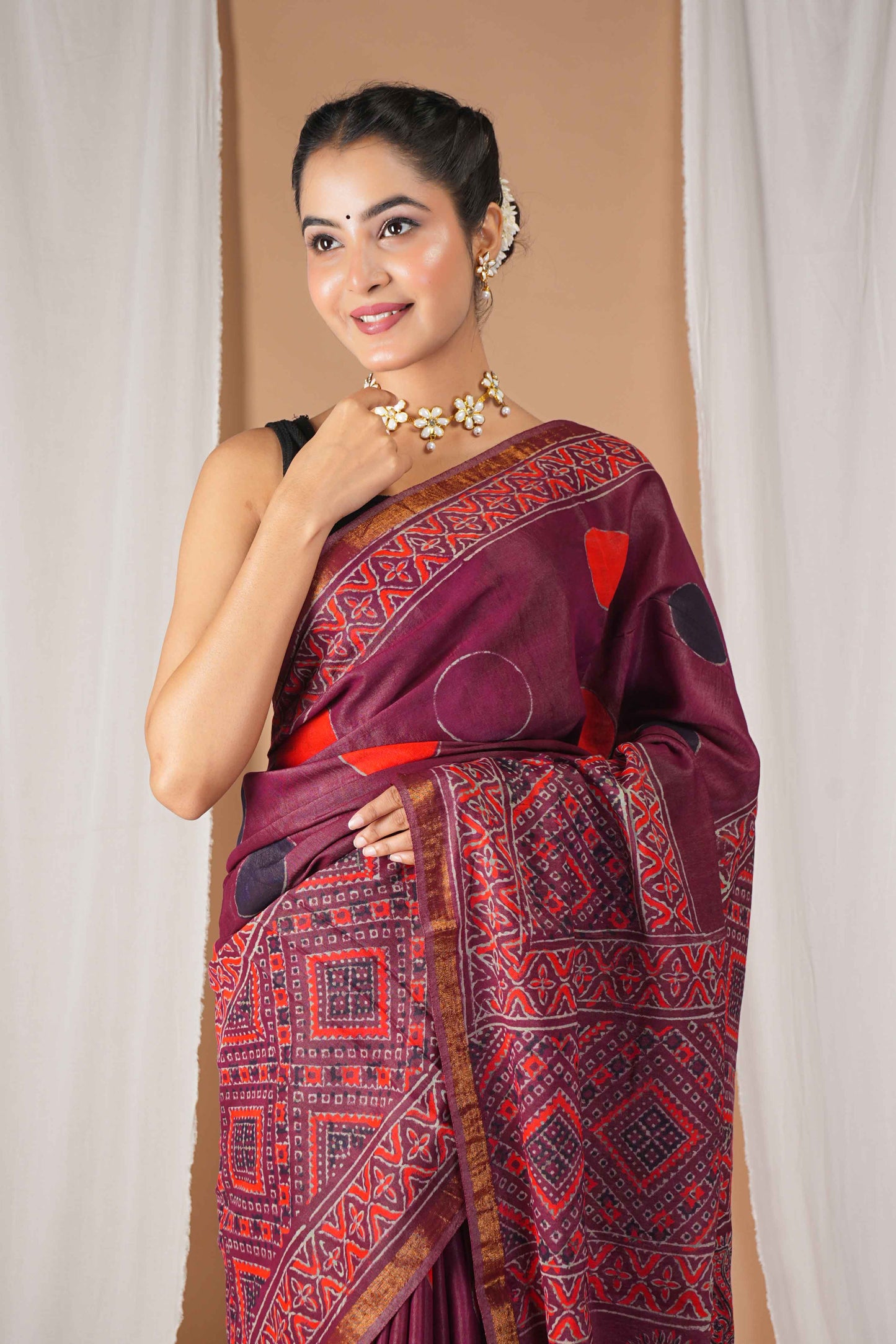 Anuttara Women's Bhagalpuri Maroon Cotton Silk Hand Block with Golden Border Ethnic Saree With Blouse_AFS1524-FS