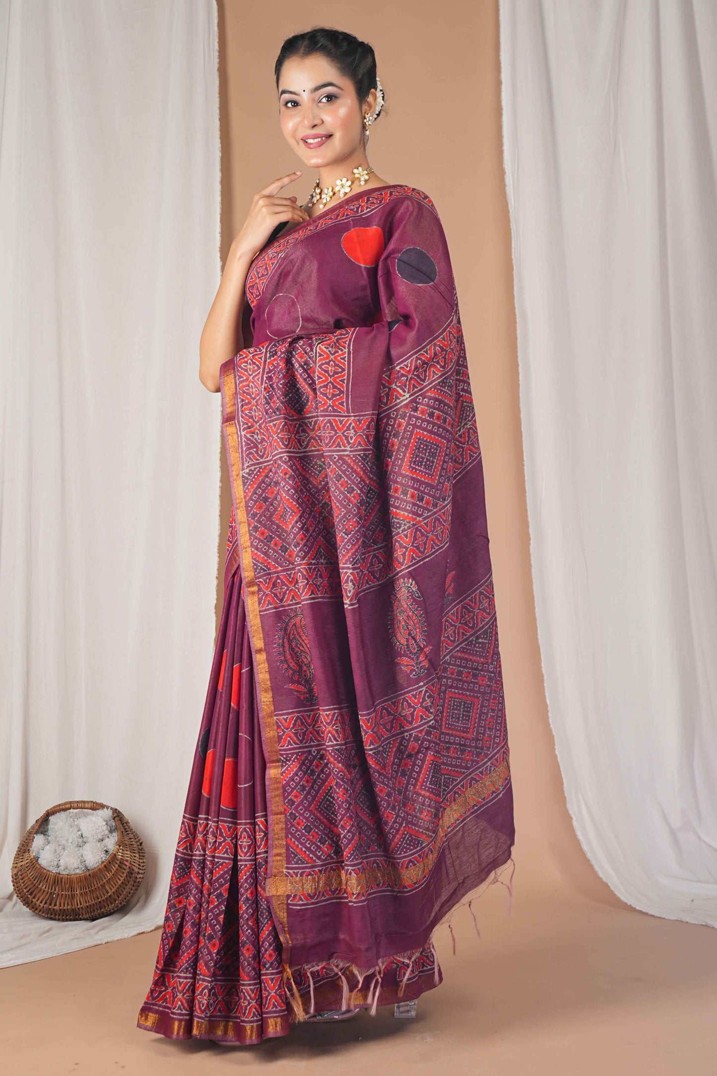 Anuttara Women's Bhagalpuri Maroon Cotton Silk Hand Block with Golden Border Ethnic Saree With Blouse_AFS1524-FS