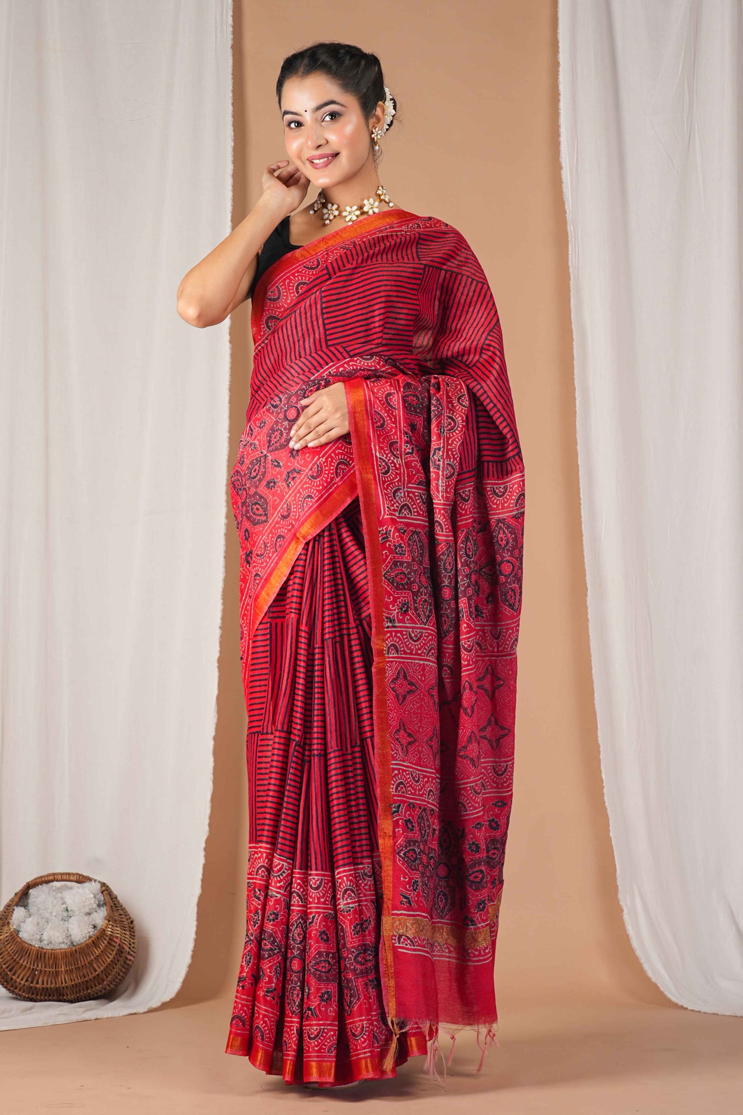 Anuttara Women's Bhagalpuri Red Cotton Silk Hand Block with Golden Border Ethnic Saree With Blouse_AFS1525-FS