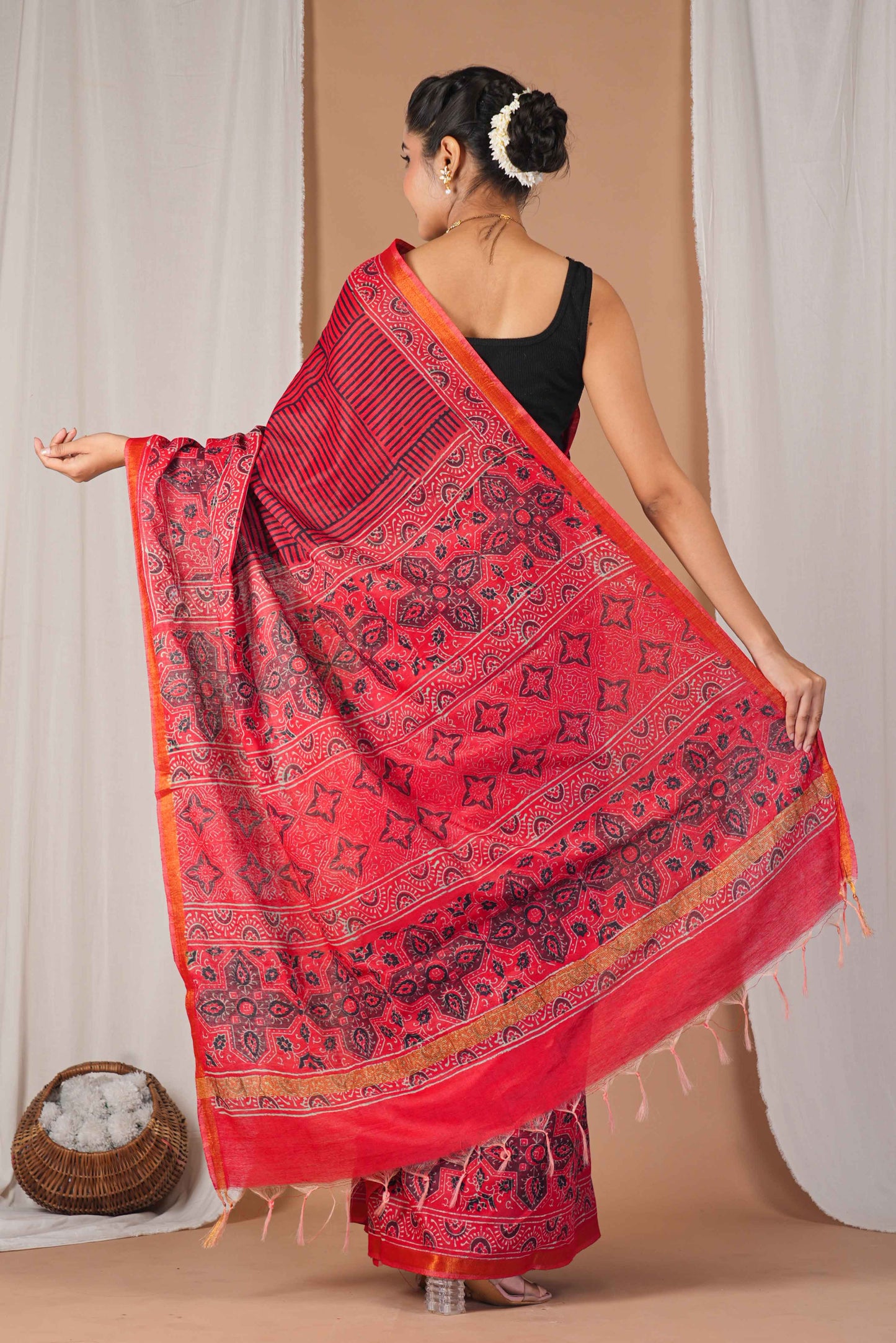 Anuttara Women's Bhagalpuri Red Cotton Silk Hand Block with Golden Border Ethnic Saree With Blouse_AFS1525-FS