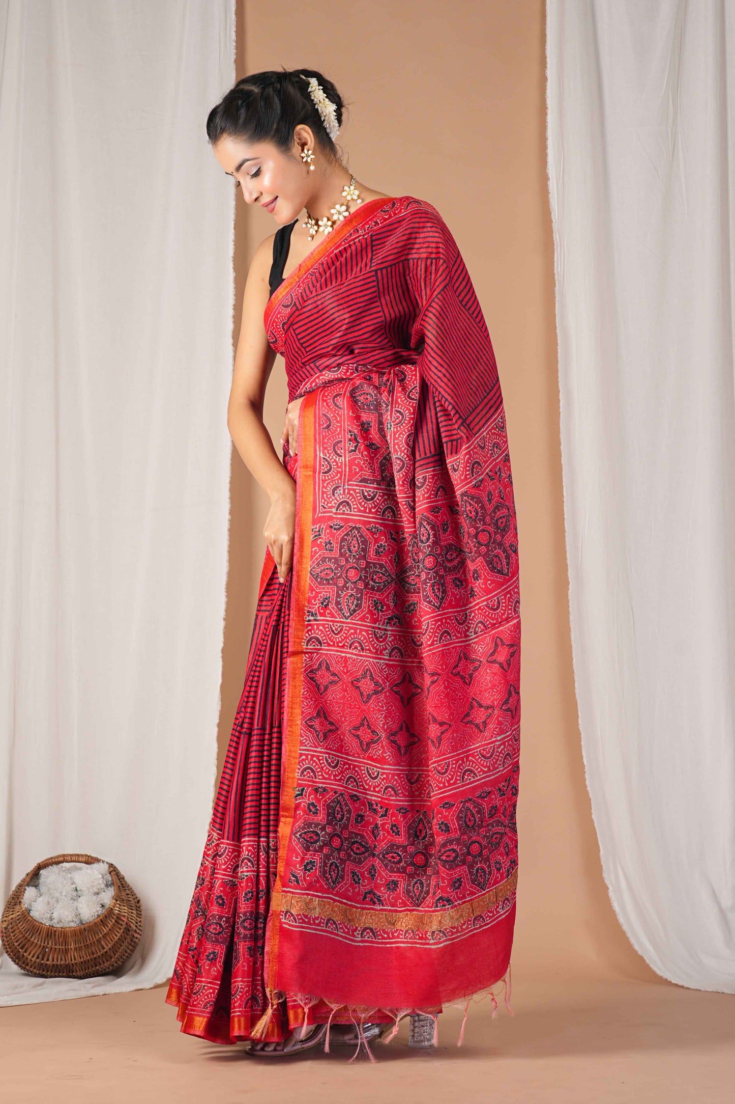 Anuttara Women's Bhagalpuri Red Cotton Silk Hand Block with Golden Border Ethnic Saree With Blouse_AFS1525-FS