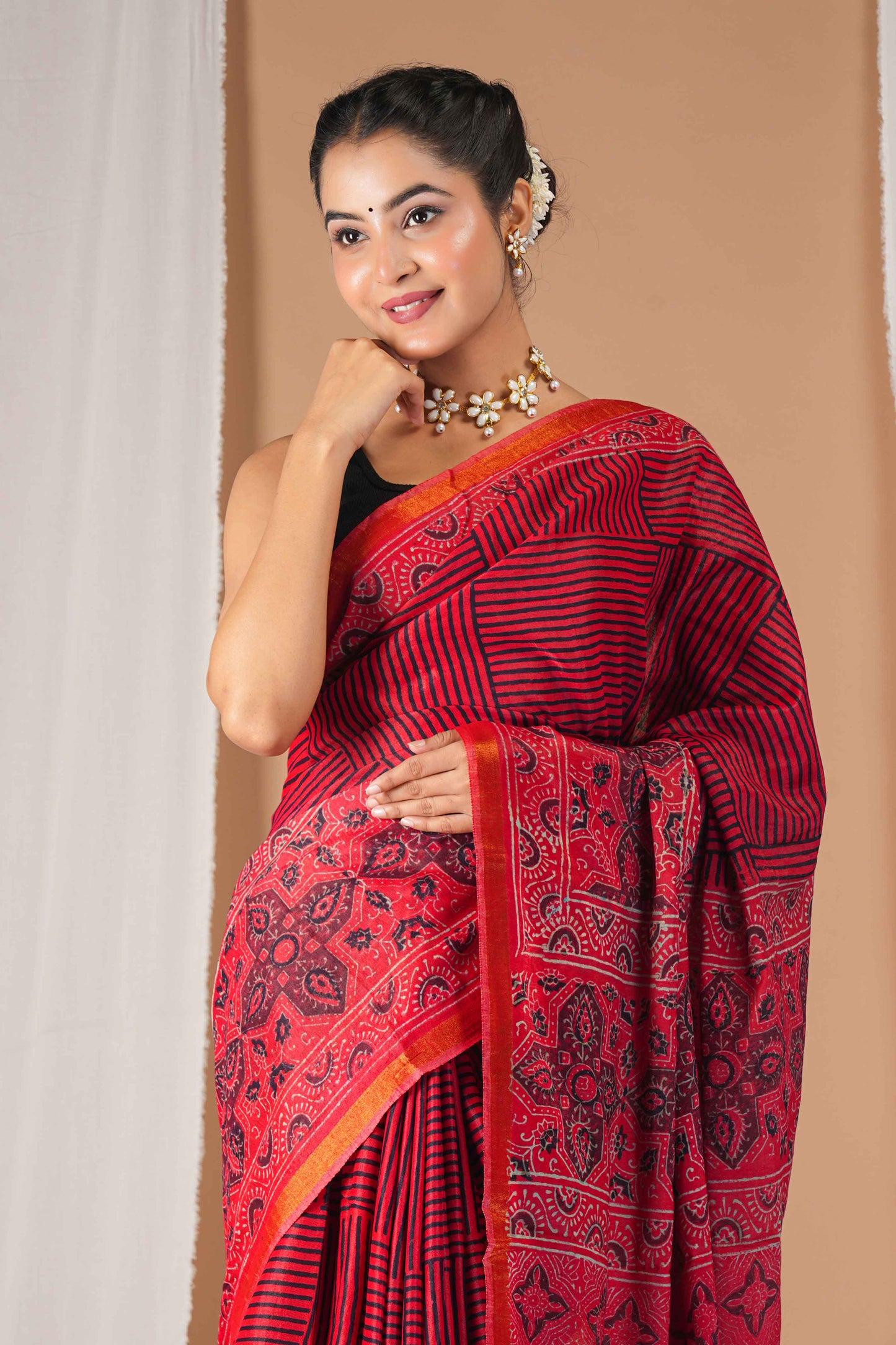 Anuttara Women's Bhagalpuri Red Cotton Silk Hand Block with Golden Border Ethnic Saree With Blouse_AFS1525-FS